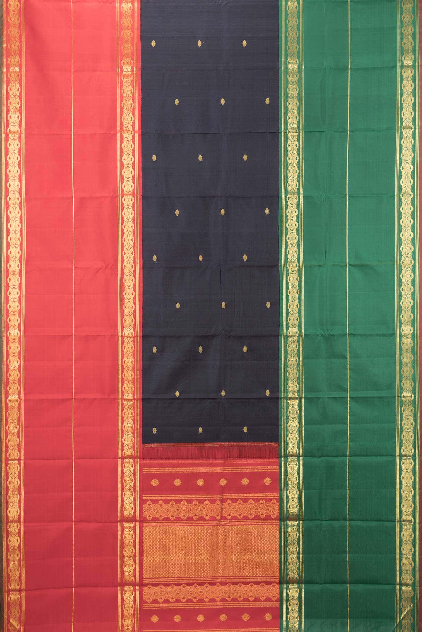 Pure Silk Pure Zari Red Black and Green Dual Tone Kanchipuram Saree
