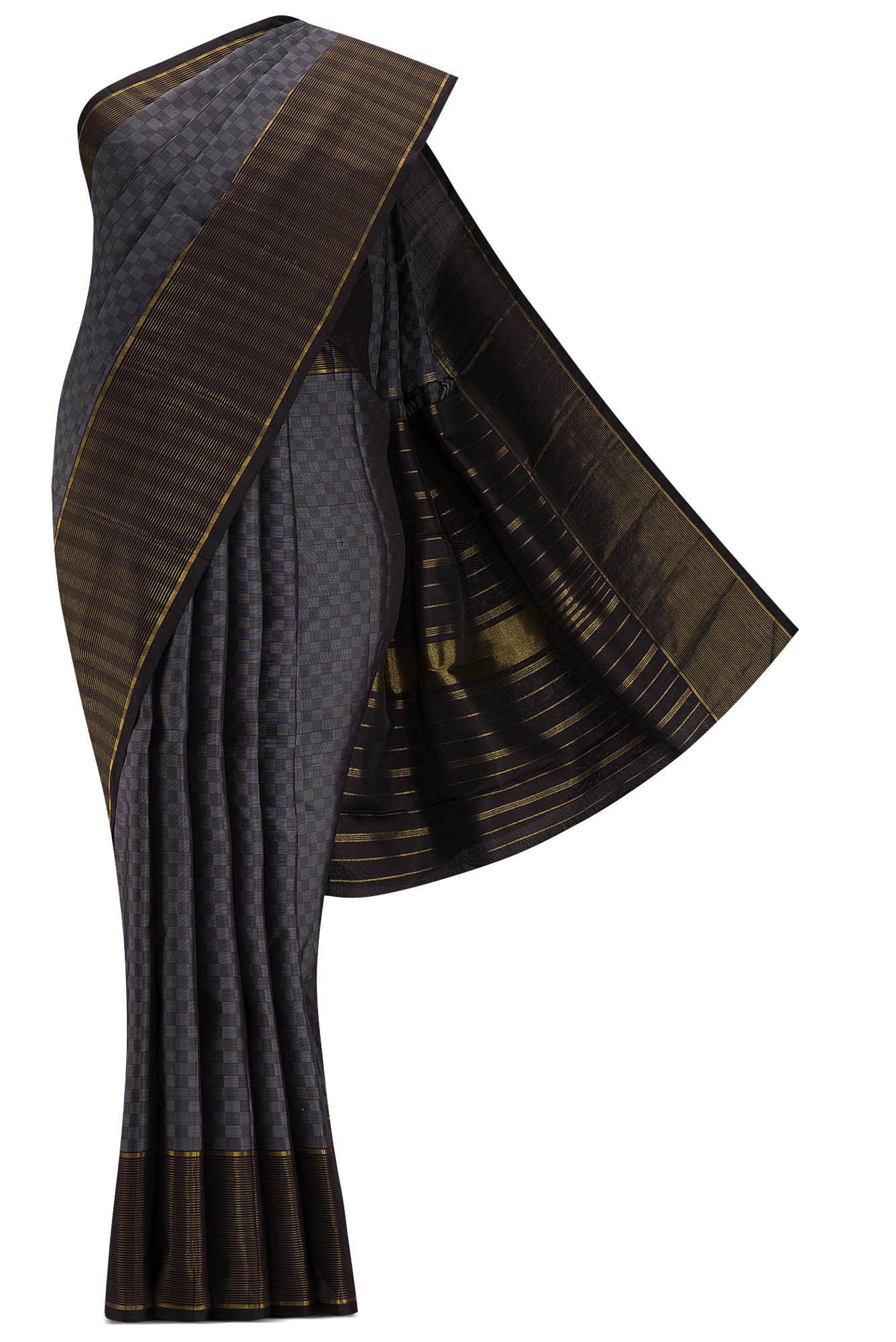 Pure Silk Pure Zari Grey and Black Dual Tone Kanchipuram Saree