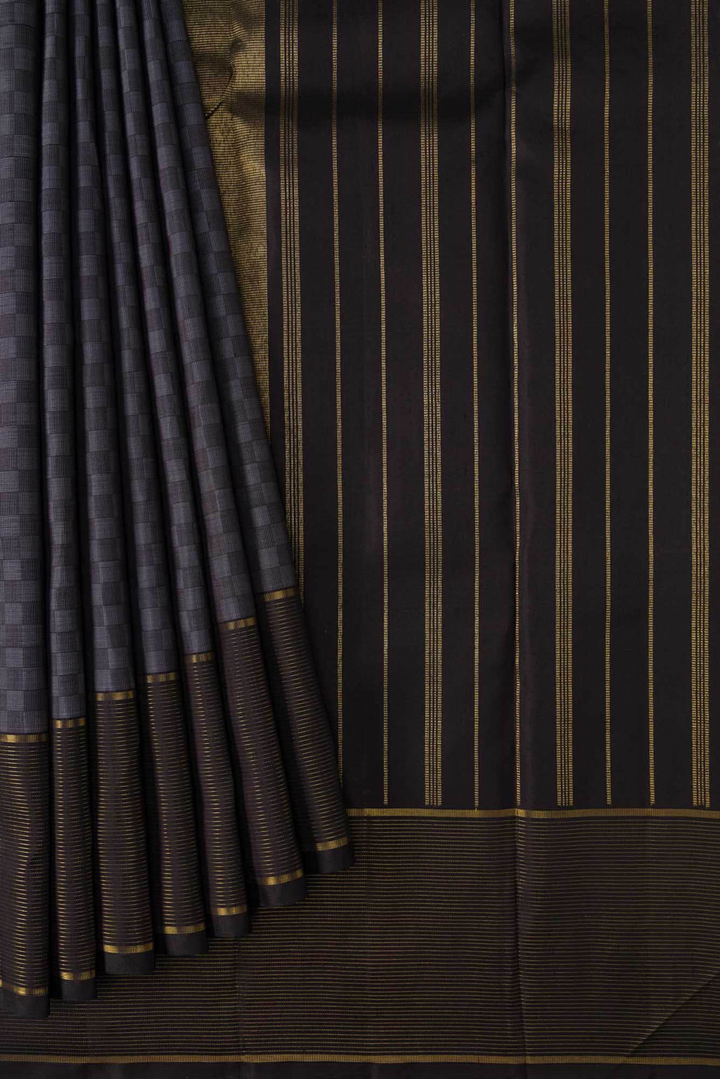 Pure Silk Pure Zari Grey and Black Dual Tone Kanchipuram Saree