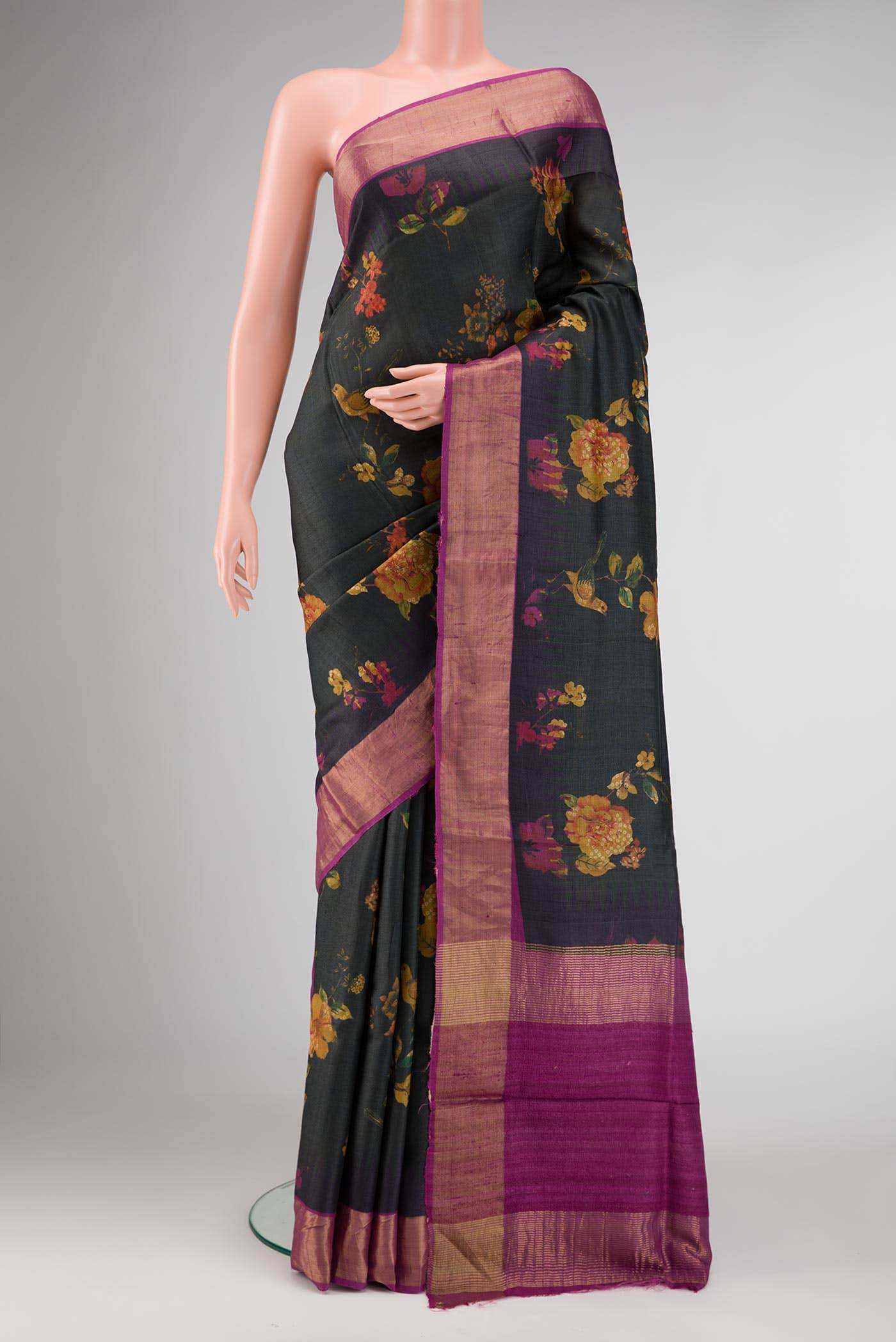 Black Dual Tone Tussar Silk Saree