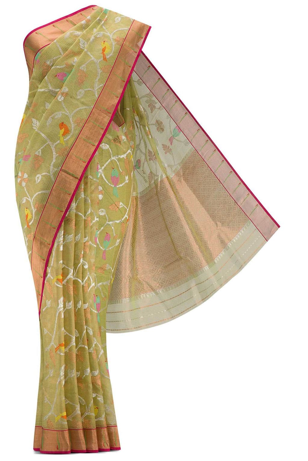 Pure Silk Pure Zari Mehandi Green Dual Tone Kota Saree