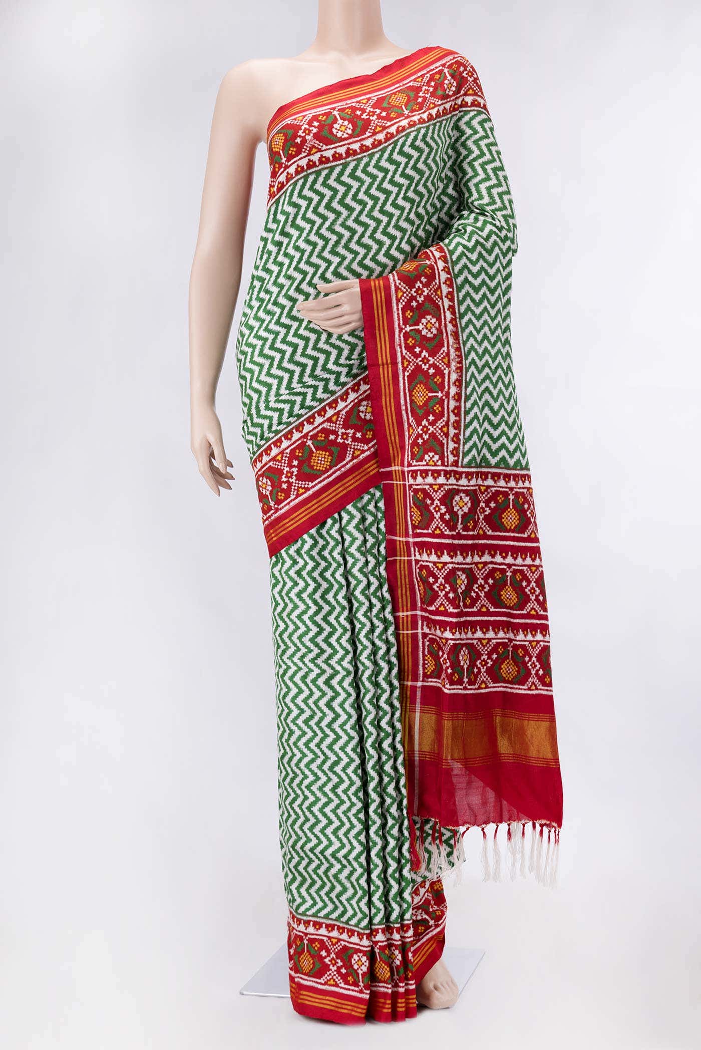 Pure Silk Pure Zari Green Dual Tone Double Ikat Saree