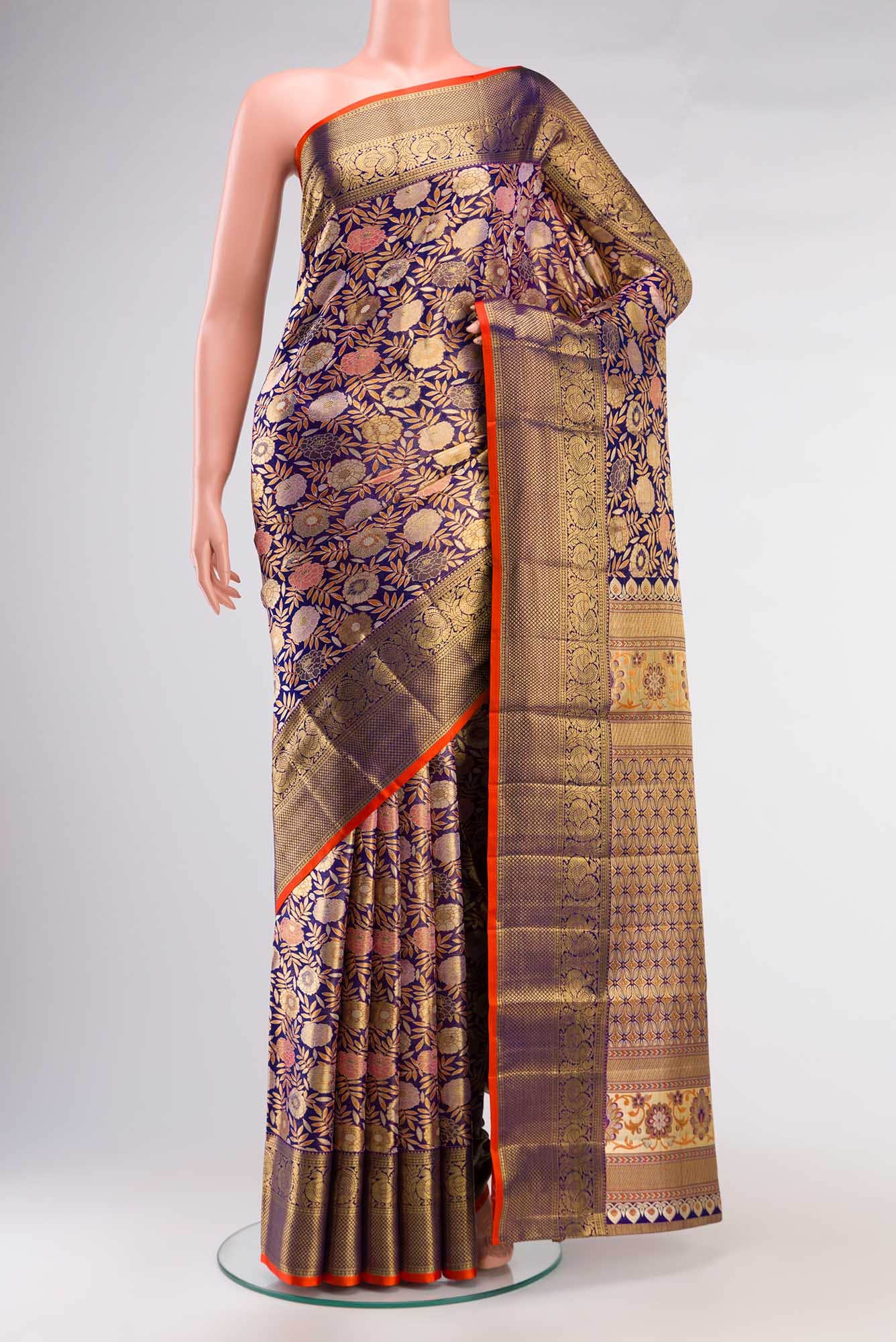 Pure Silk Pure Zari Violet Kanchipuram Tissue Saree