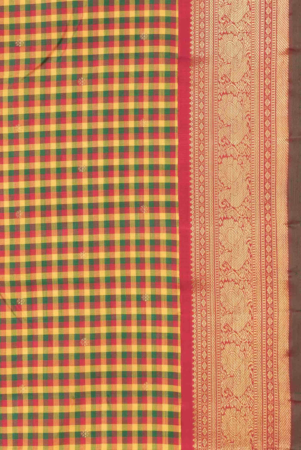 Pure Silk Pure Zari Yellow Green and Red Dual Tone Kanchipuram Saree