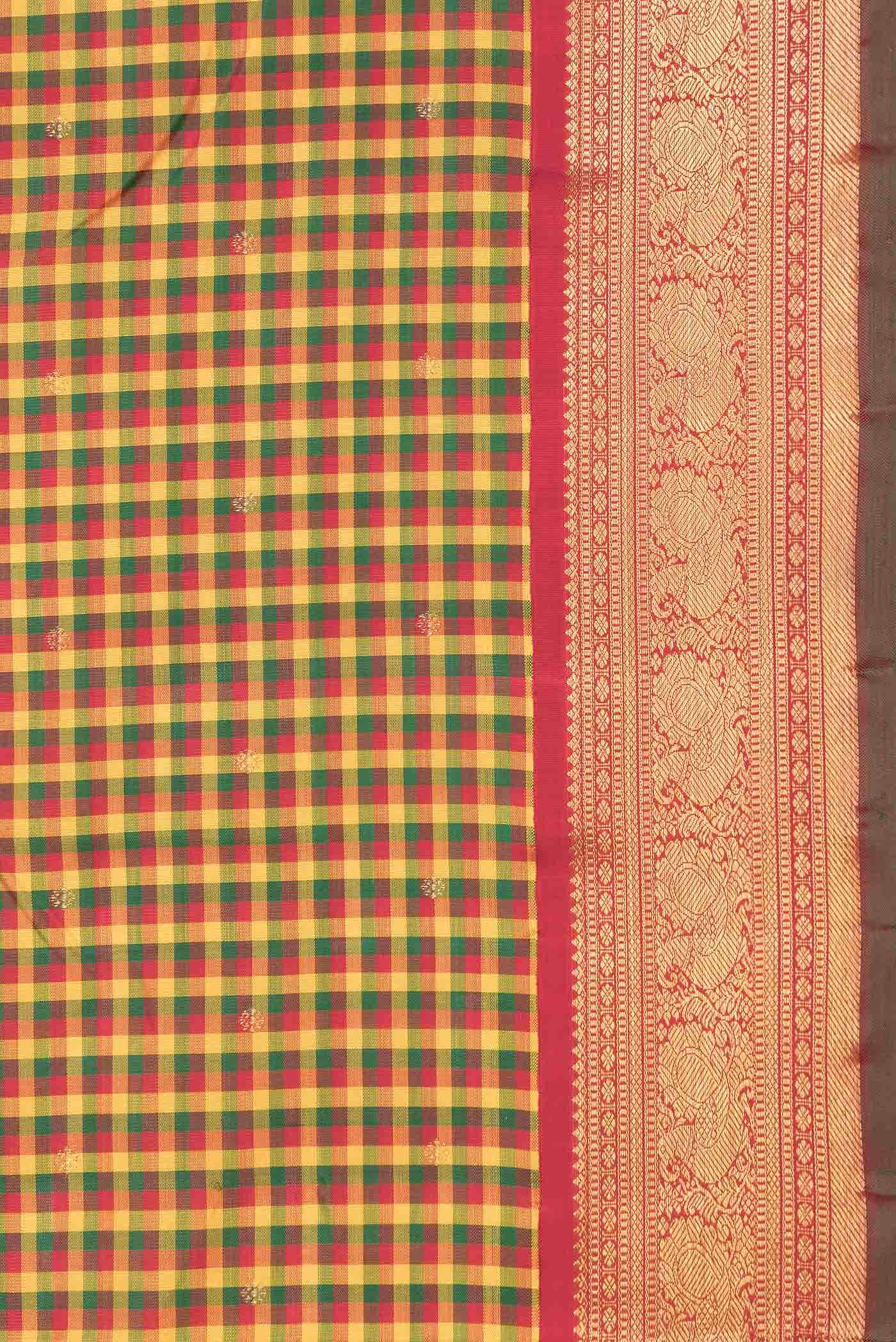 Pure Silk Pure Zari Yellow Green and Red Dual Tone Kanchipuram Saree