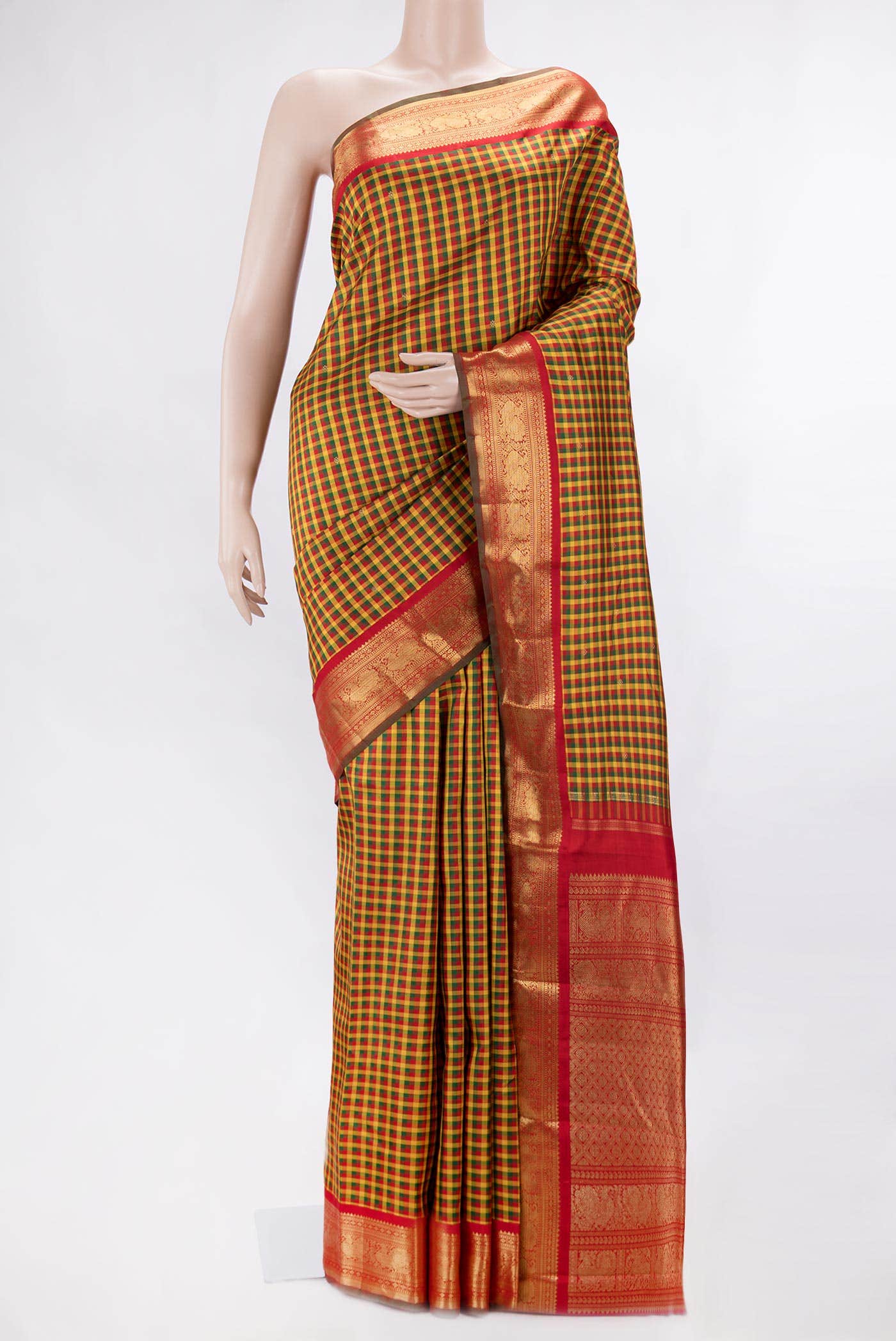 Pure Silk Pure Zari Yellow Green and Red Dual Tone Kanchipuram Saree
