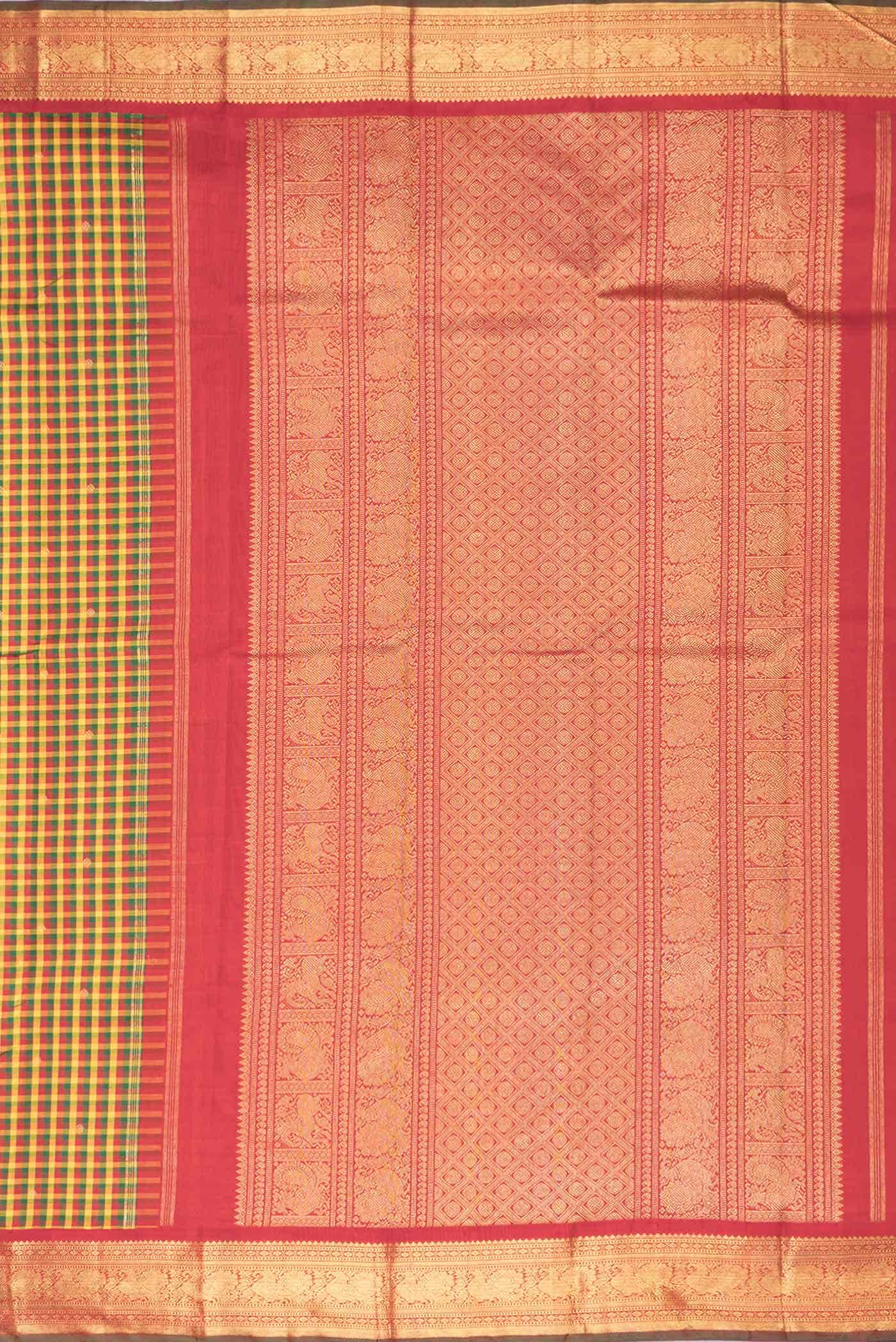 Pure Silk Pure Zari Yellow Green and Red Dual Tone Kanchipuram Saree