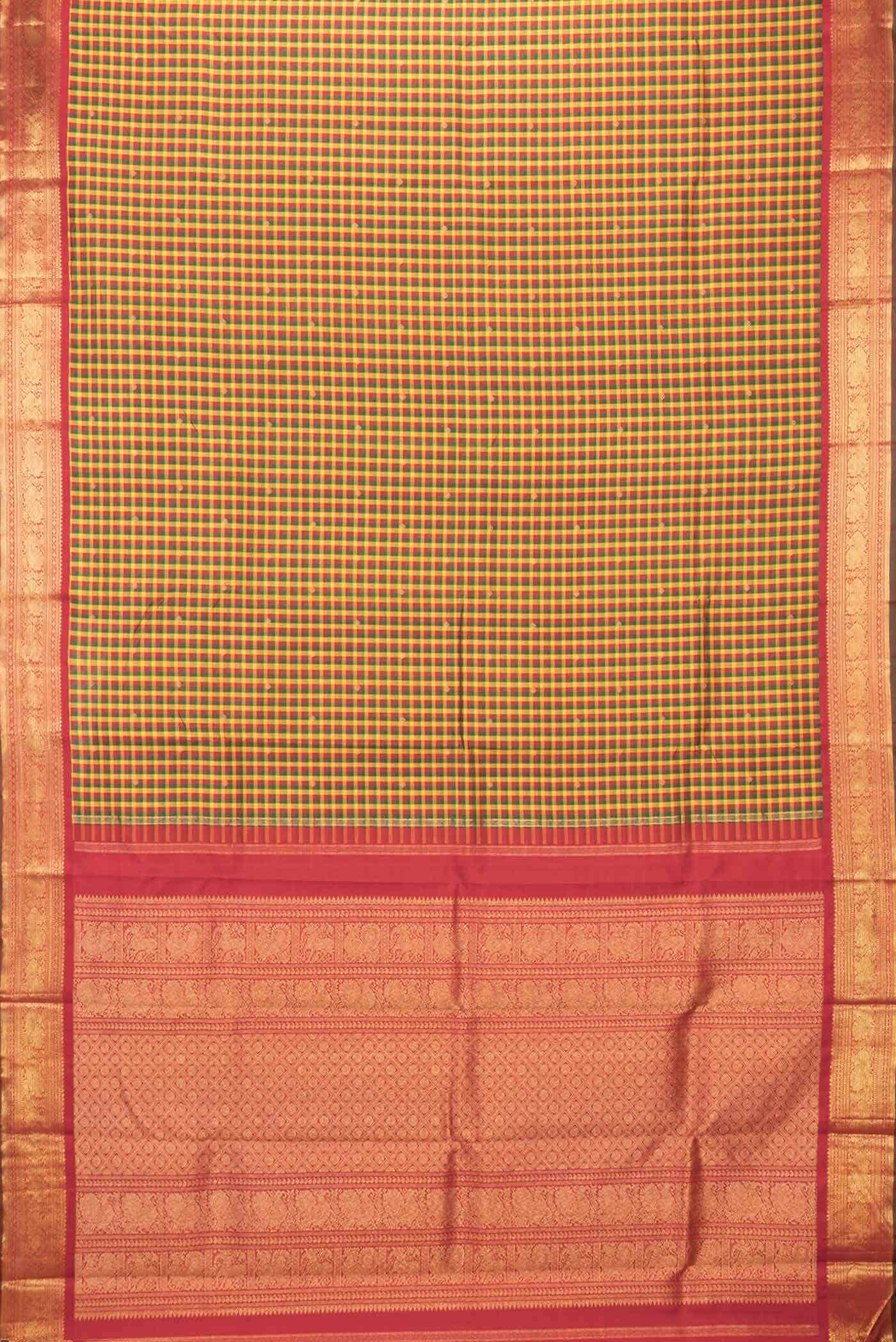 Pure Silk Pure Zari Yellow Green and Red Dual Tone Kanchipuram Saree