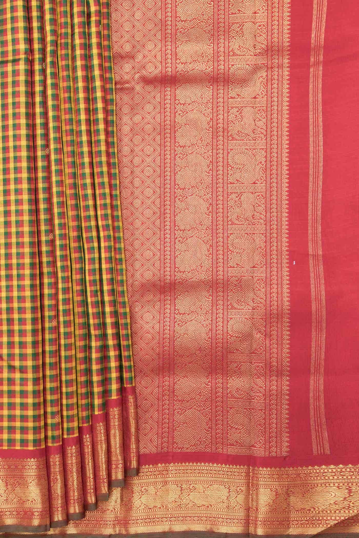Pure Silk Pure Zari Yellow Green and Red Dual Tone Kanchipuram Saree