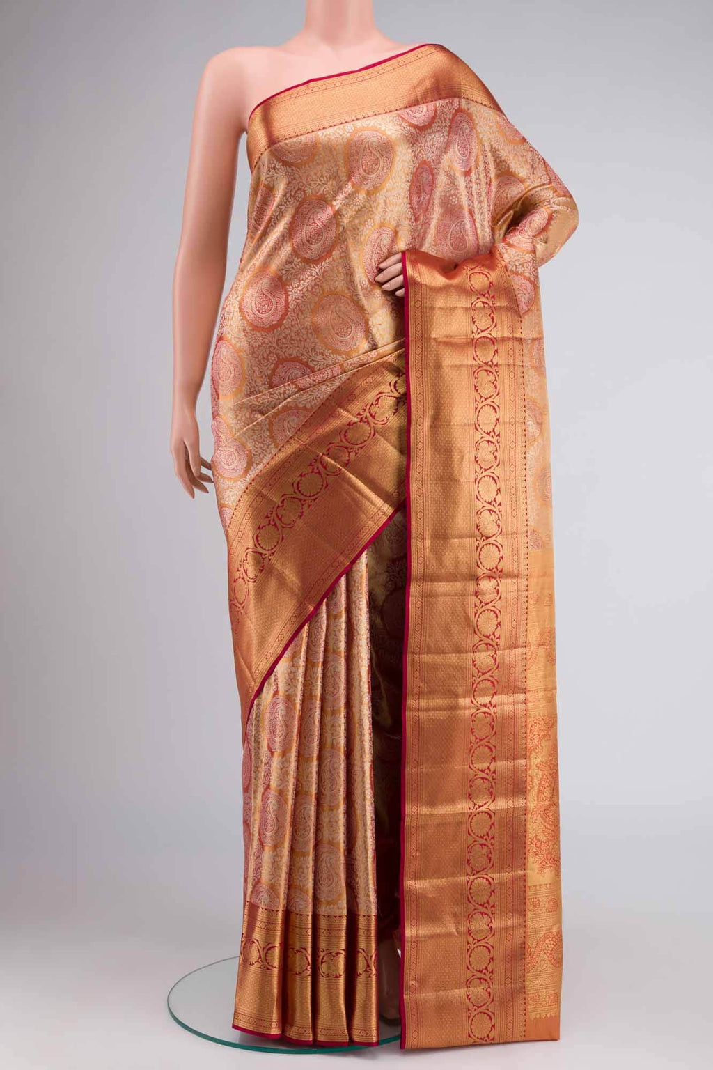 Gold withRed Dual Tone Kanchipuram Tissue Silk Saree
