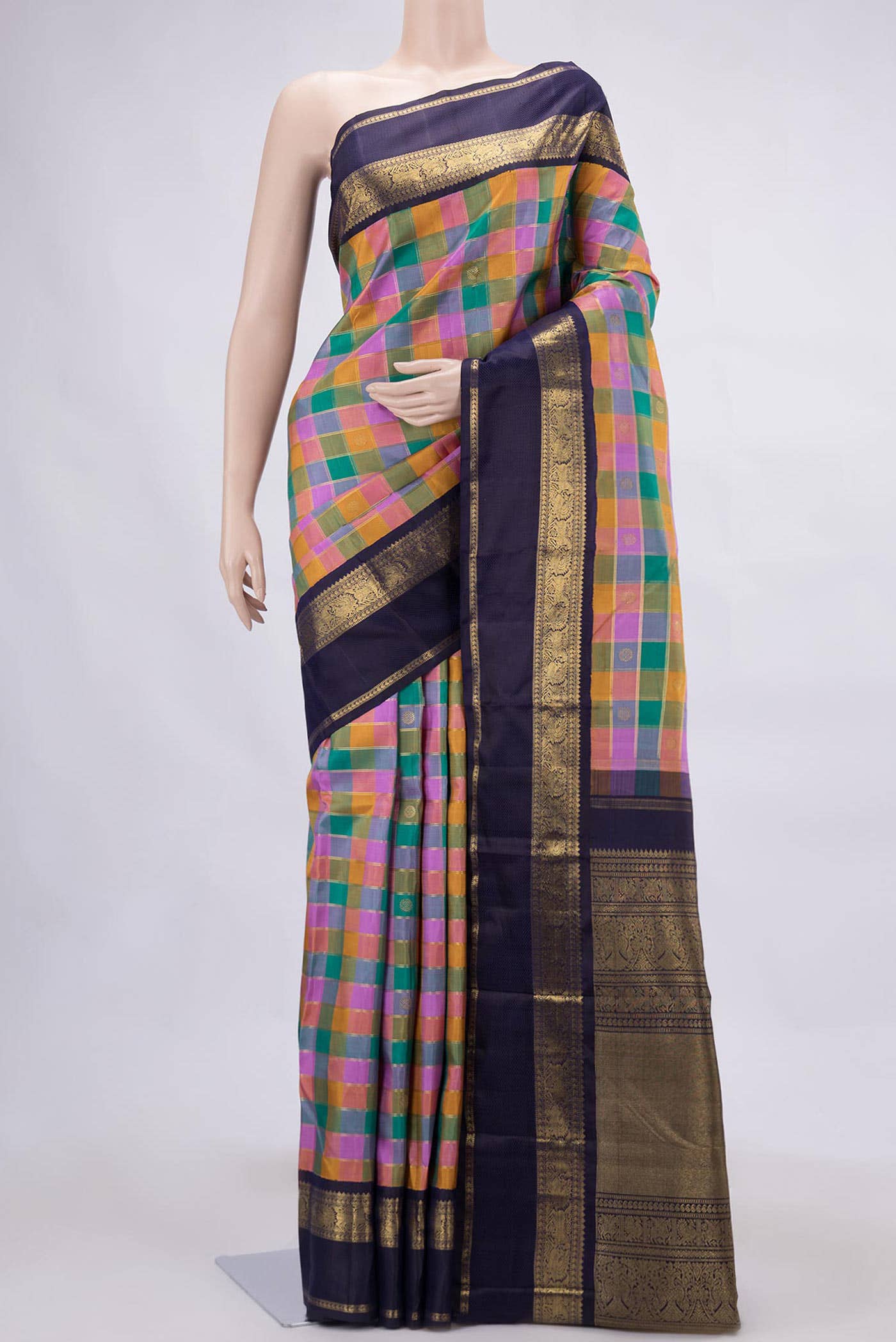 Pure Silk Pure Zari Yellow  Peach and Lavender Dual Tone Kanchipuram Saree
