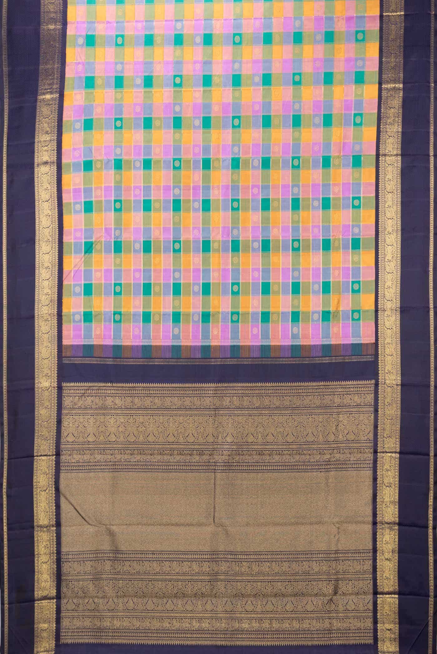 Pure Silk Pure Zari Yellow  Peach and Lavender Dual Tone Kanchipuram Saree