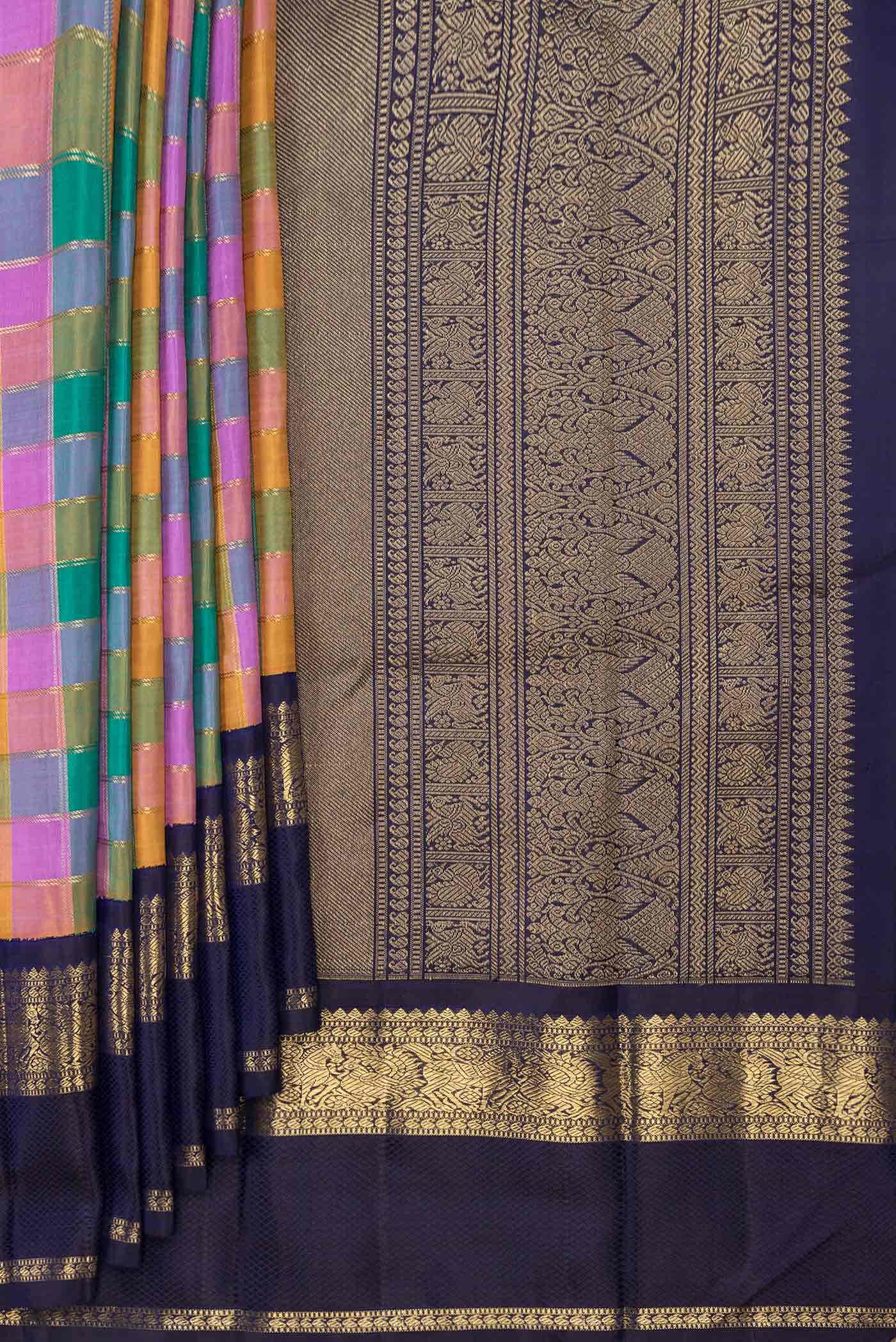 Pure Silk Pure Zari Yellow  Peach and Lavender Dual Tone Kanchipuram Saree