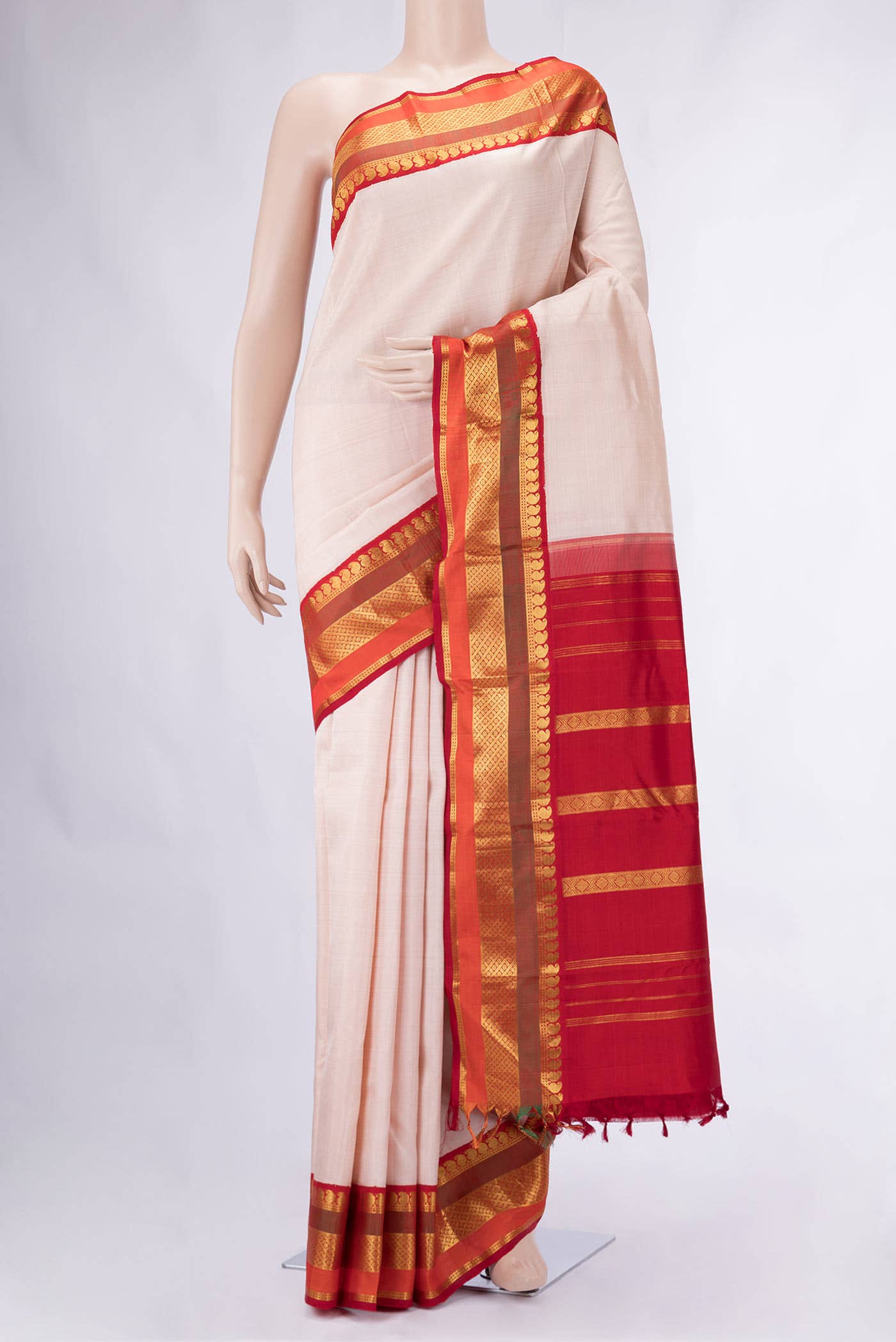 Pure Silk Pure Zari Golden Peach Kanchipuram Saree