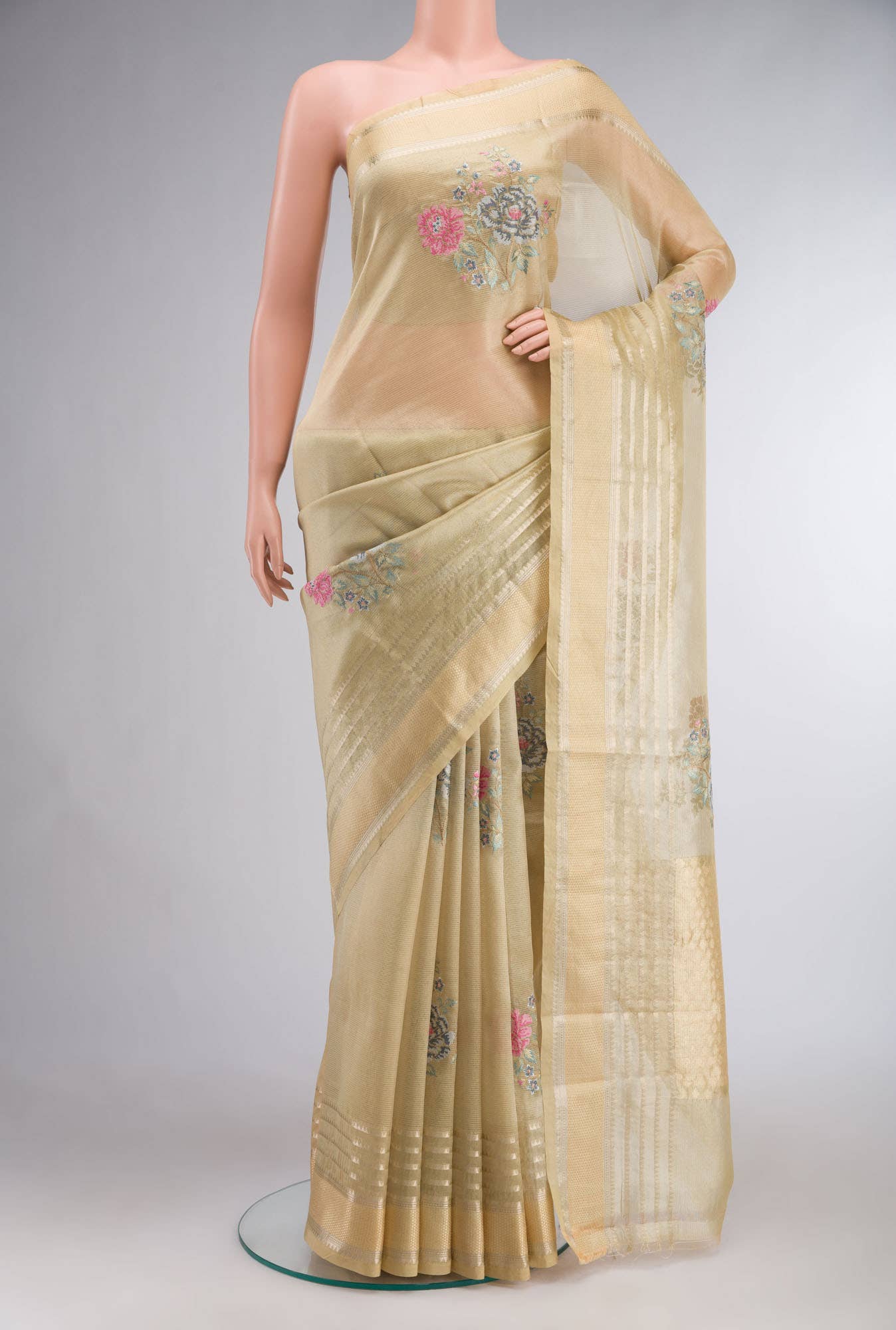 Beige Organza Silk Saree