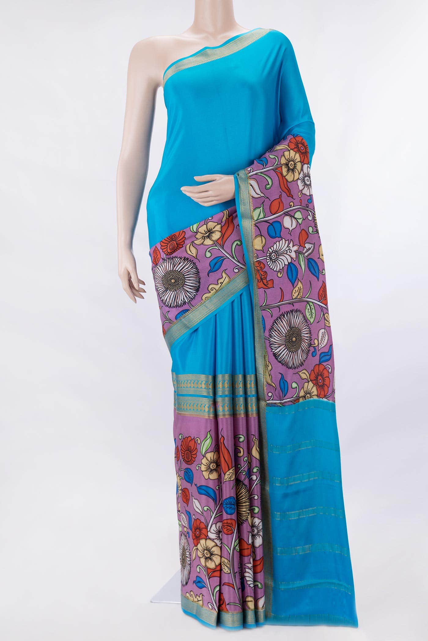 Sky Blue and Lavender Dual Tone Mysore Crepe Saree