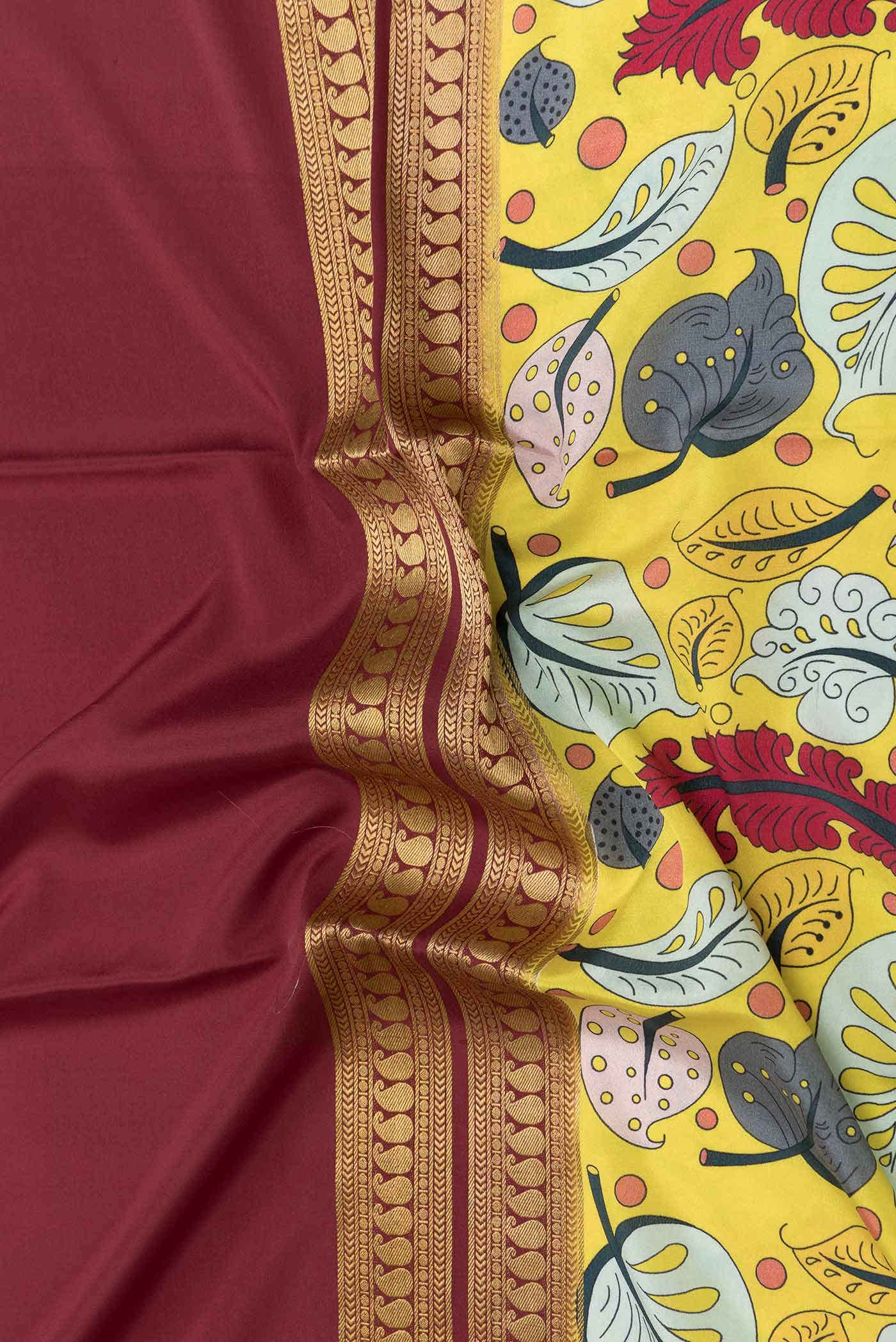 Yellow and Maroon Dual Tone Mysore Crepe Saree