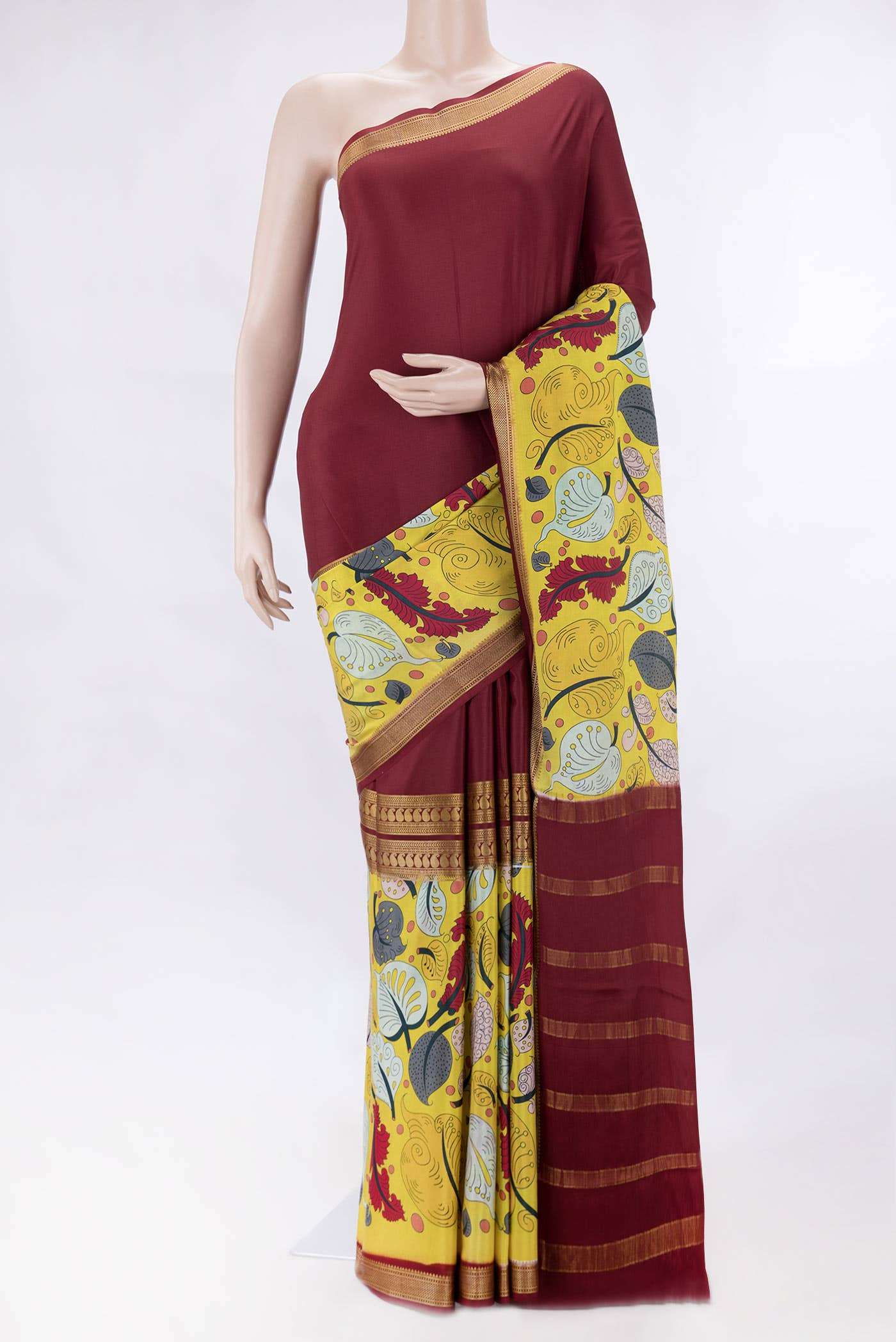 Yellow and Maroon Dual Tone Mysore Crepe Saree