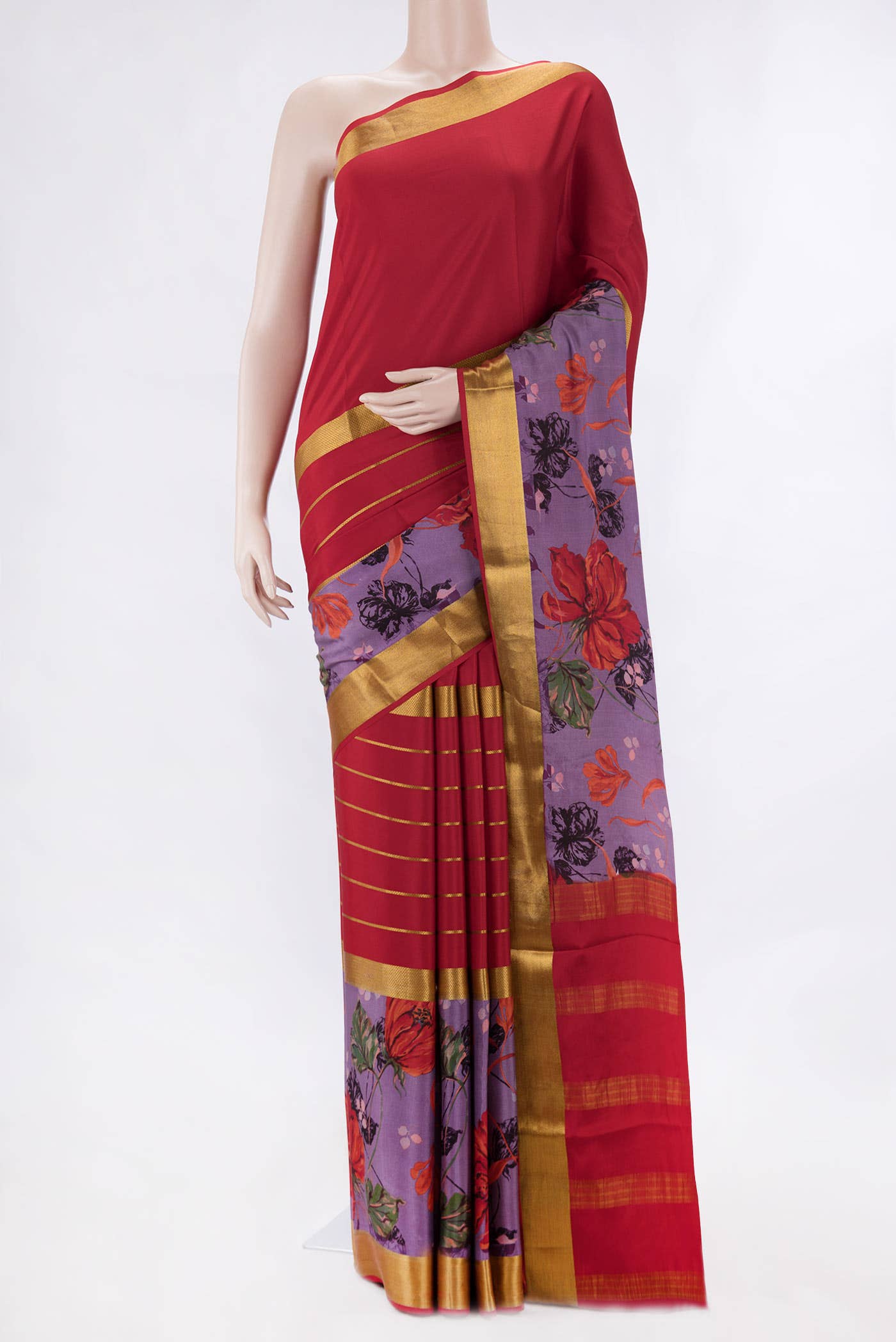 Red and Lavender Dual Tone Mysore Crepe Saree