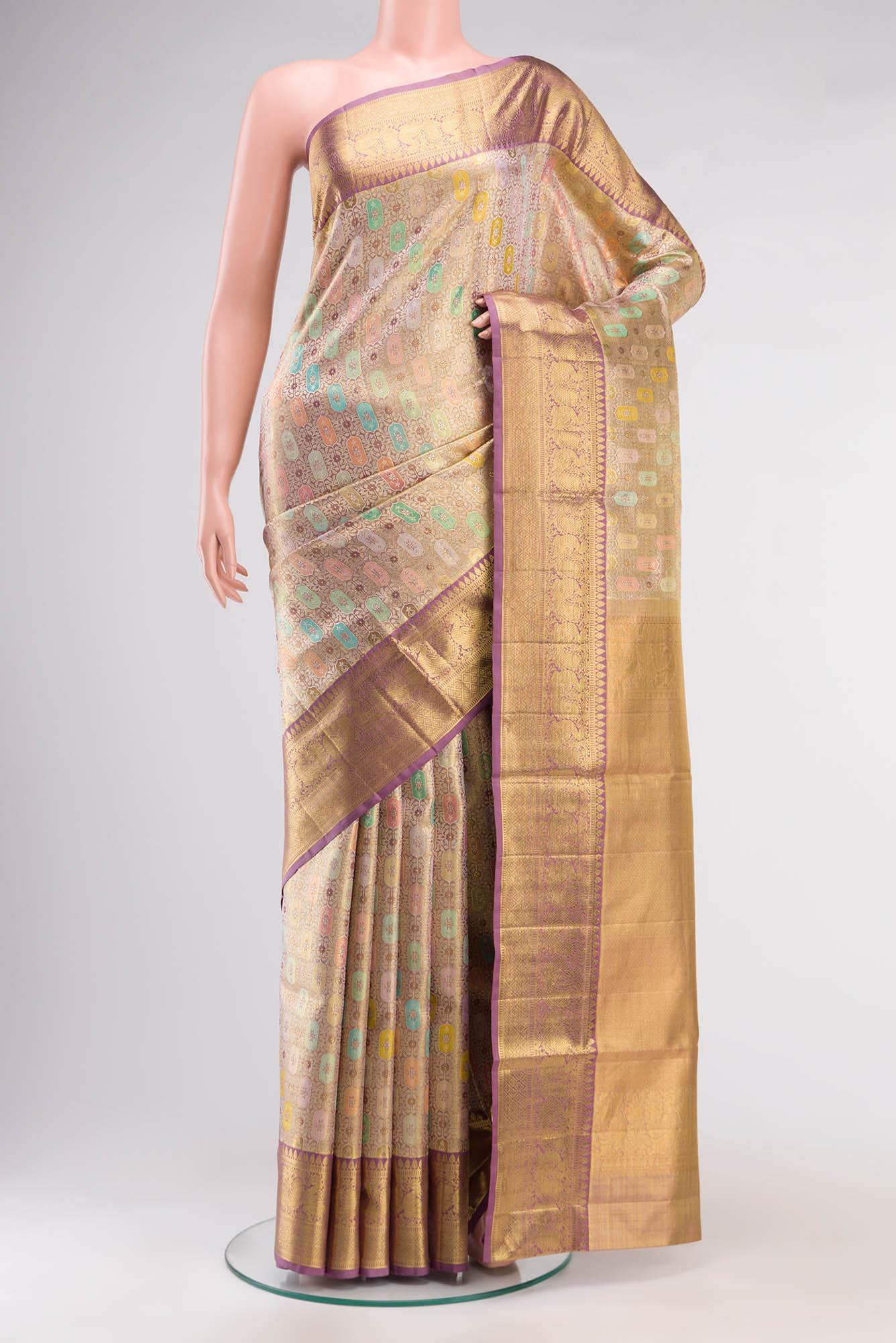 Pure Silk Pure Zari Lavender Kanchipuram Tissue Saree