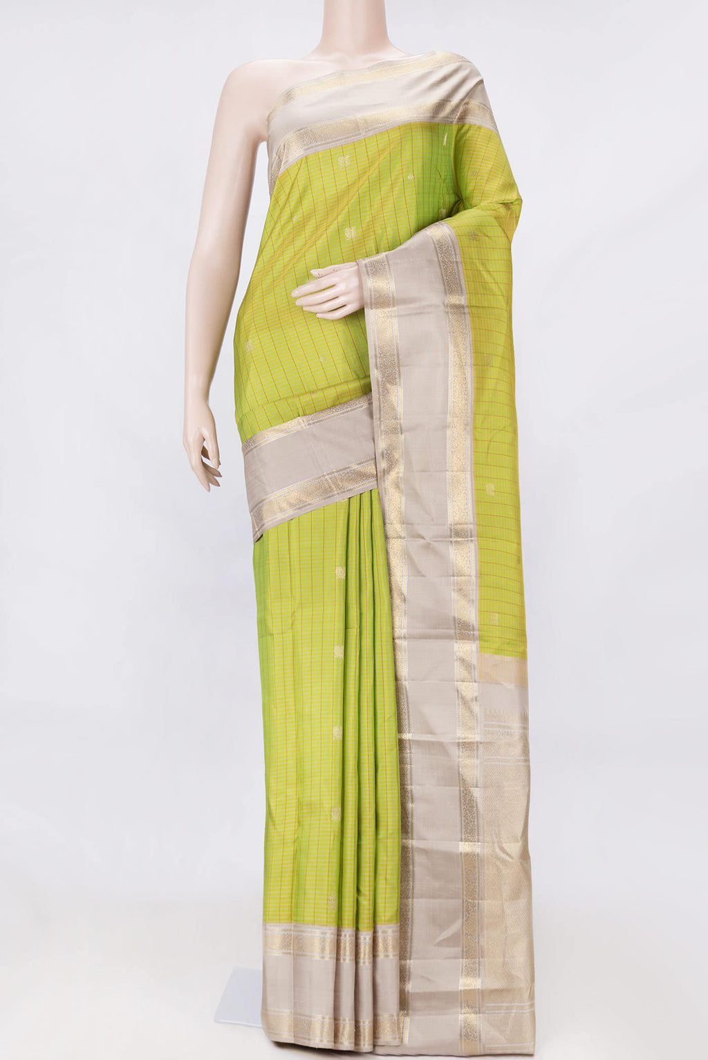 Pure Silk Pure Zari Parrot Green Dual Tone Kanchipuram Saree