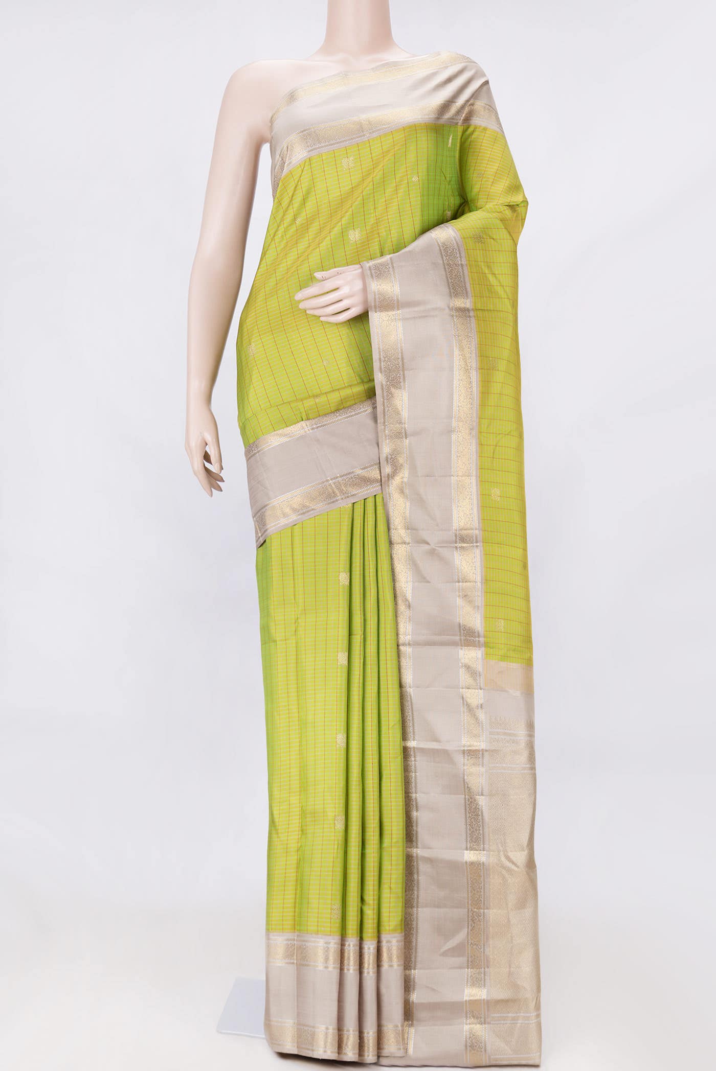 Pure Silk Pure Zari Parrot Green Dual Tone Kanchipuram Saree