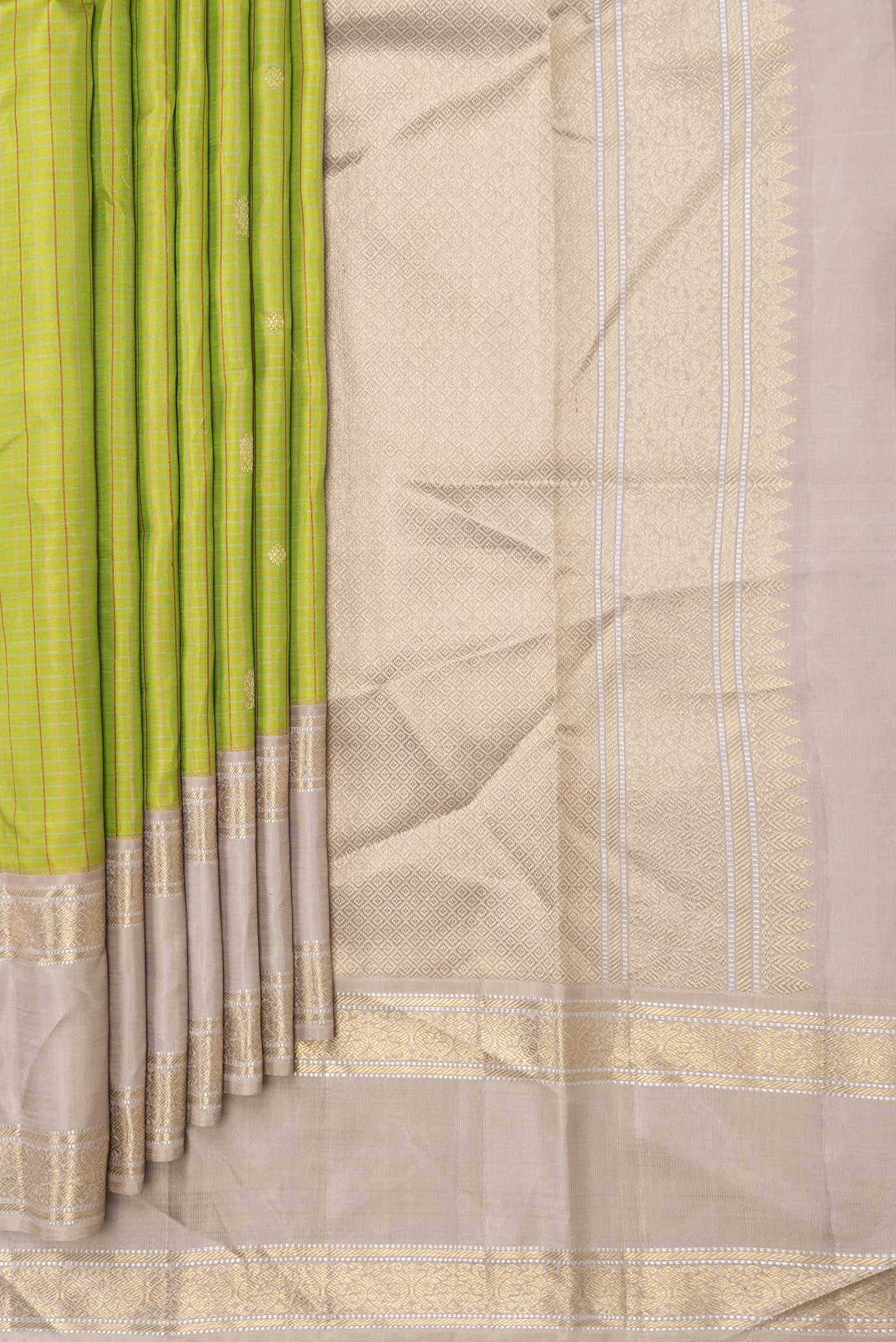 Pure Silk Pure Zari Parrot Green Dual Tone Kanchipuram Saree