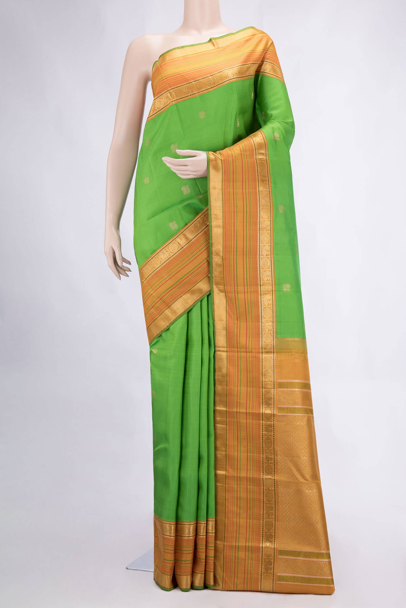 Pure Silk Pure Zari Parrot Green Kanchipuram Saree