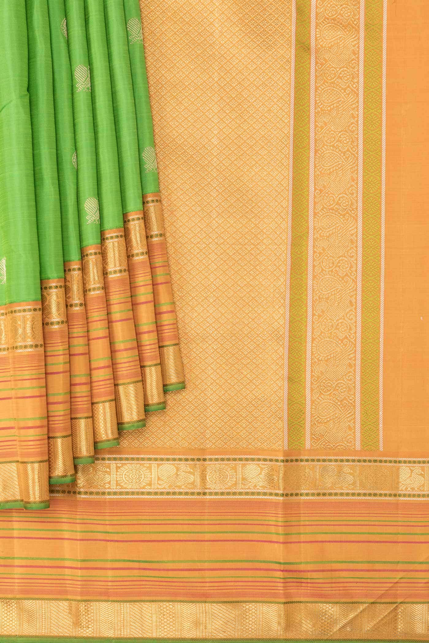 Pure Silk Pure Zari Parrot Green Kanchipuram Saree