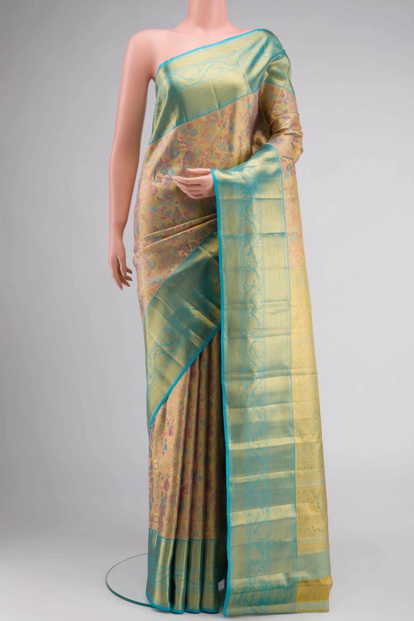 Gold with Blue Dual Tone Kanchipuram Tissue Silk Saree
