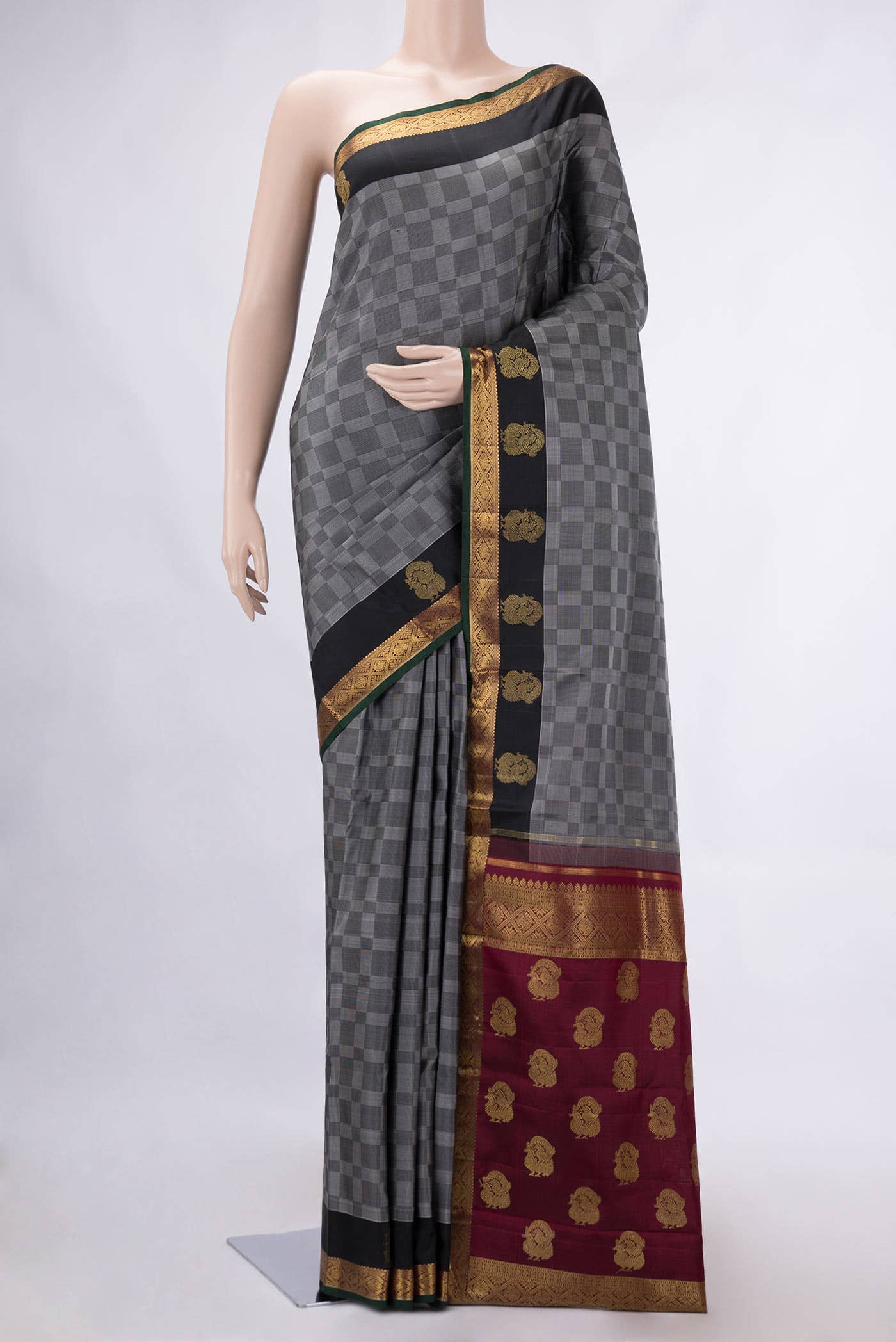 Pure Silk Pure Zari Grey Dual Tone Kanchipuram Saree