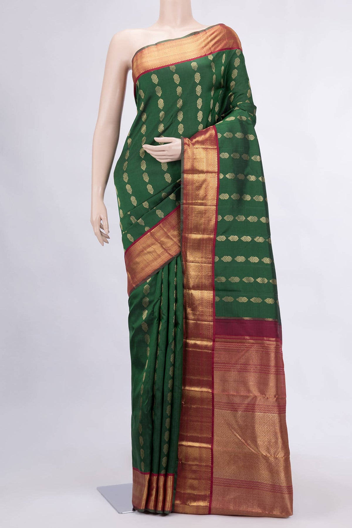 Pure Silk Pure Zari Bottle Green Dual Tone Kanjivaram Saree