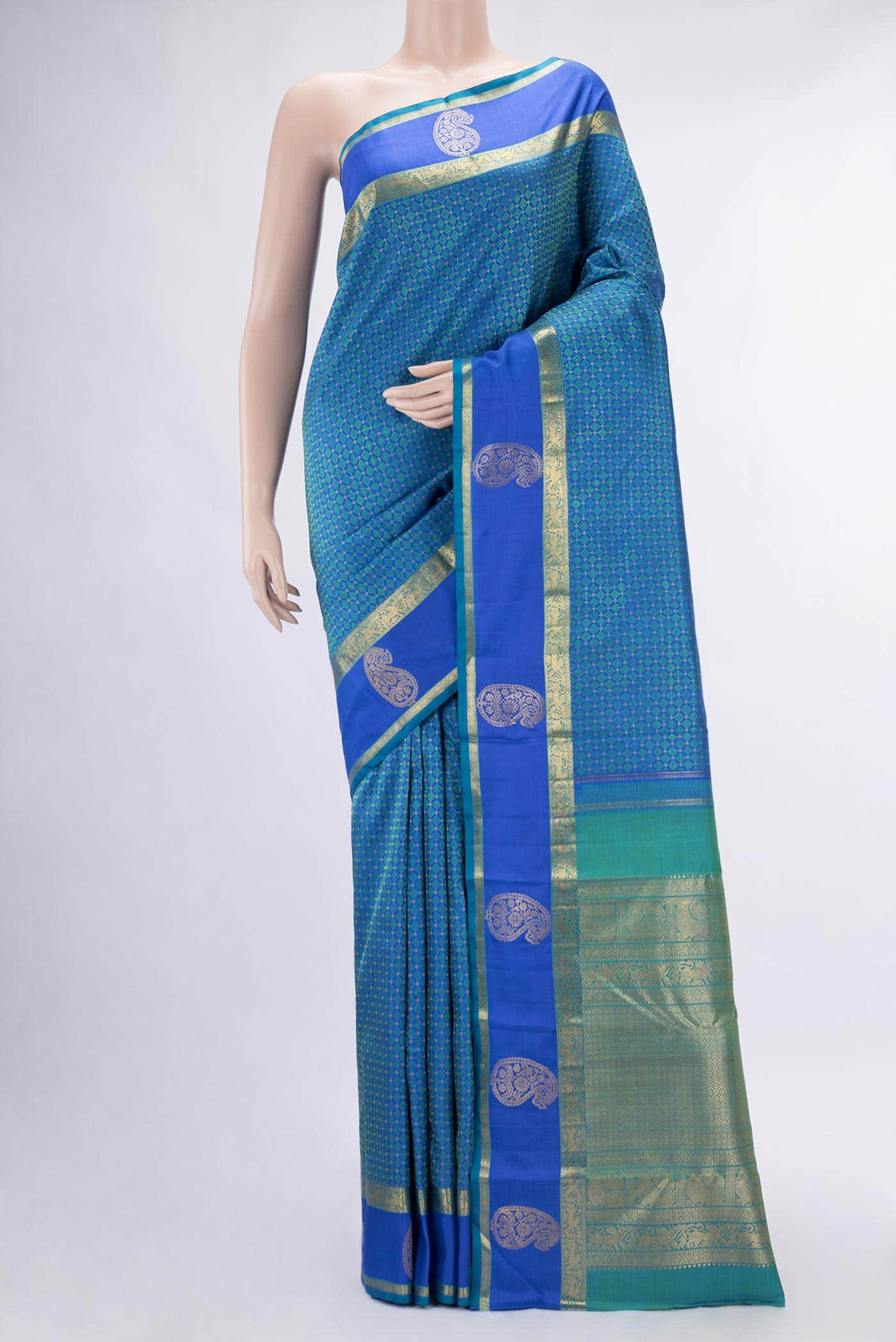 Pure Silk Pure Zari Peacock Blue Dual Tone Kanchipuram Saree