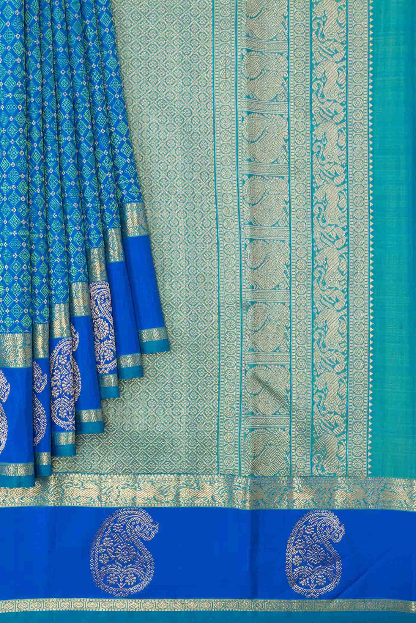 Pure Silk Pure Zari Peacock Blue Dual Tone Kanchipuram Saree