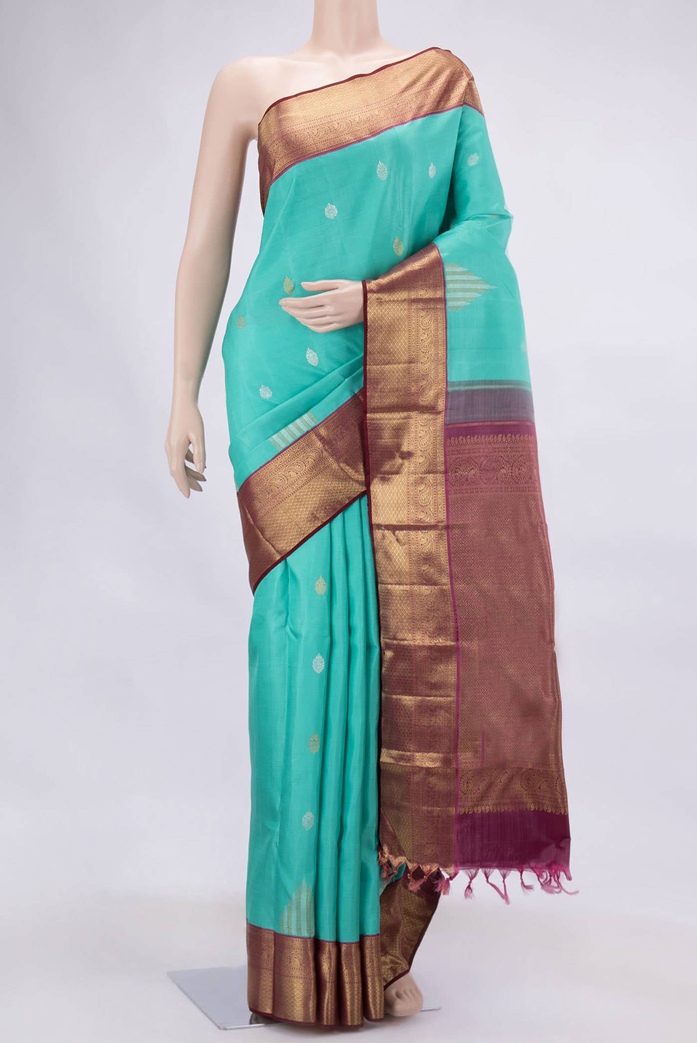 Pure Silk Pure Zari Sea Green Dual Tone Kanchipuram Saree