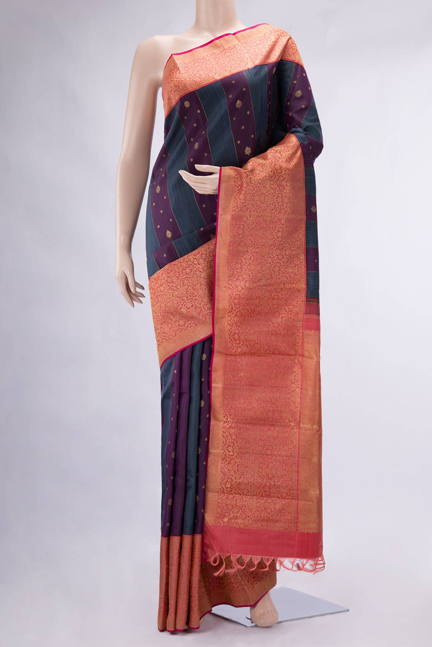 Pure Silk Pure Zari Violet and Green Dual Tone Kanchipuram Saree