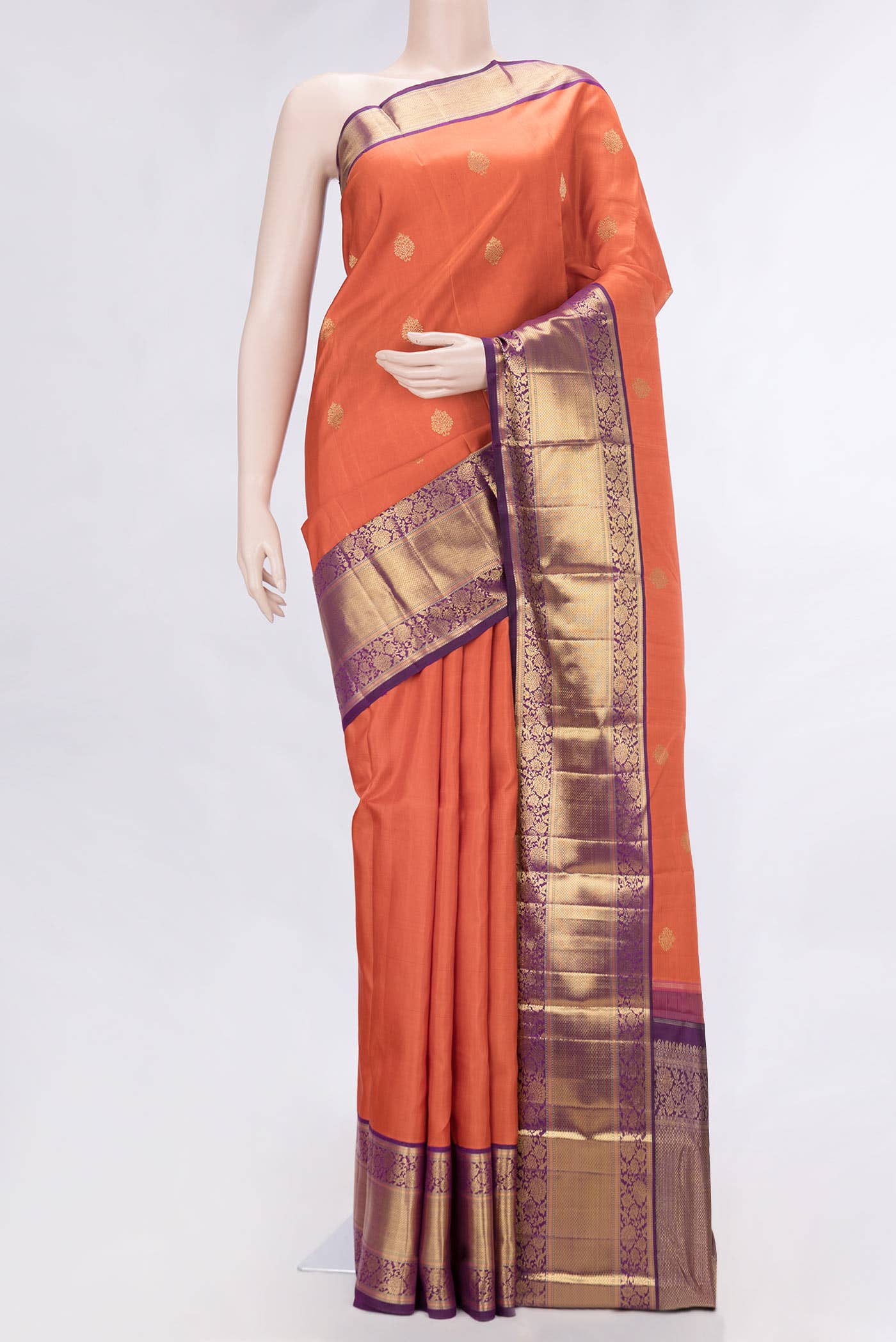 Pure Silk Pure Zari Brick Orange Dual Tone Kanchipuram Saree