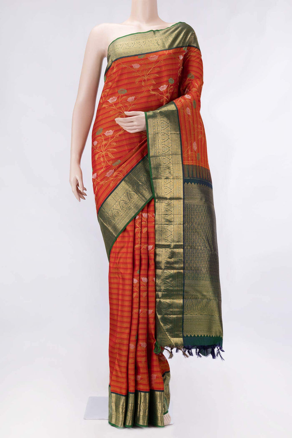 Pure Silk Pure Zari Orange Dual Tone Kanchipuram Saree
