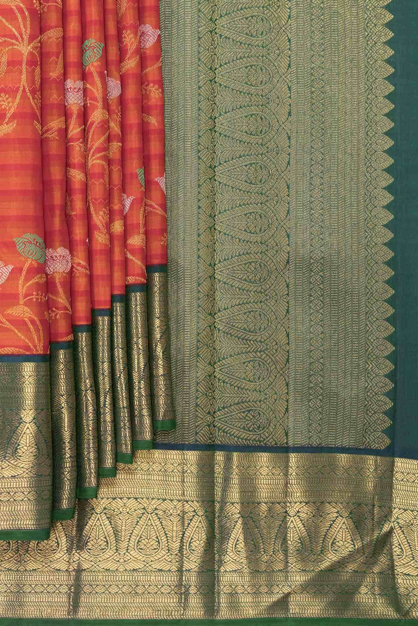 Pure Silk Pure Zari Orange Dual Tone Kanchipuram Saree