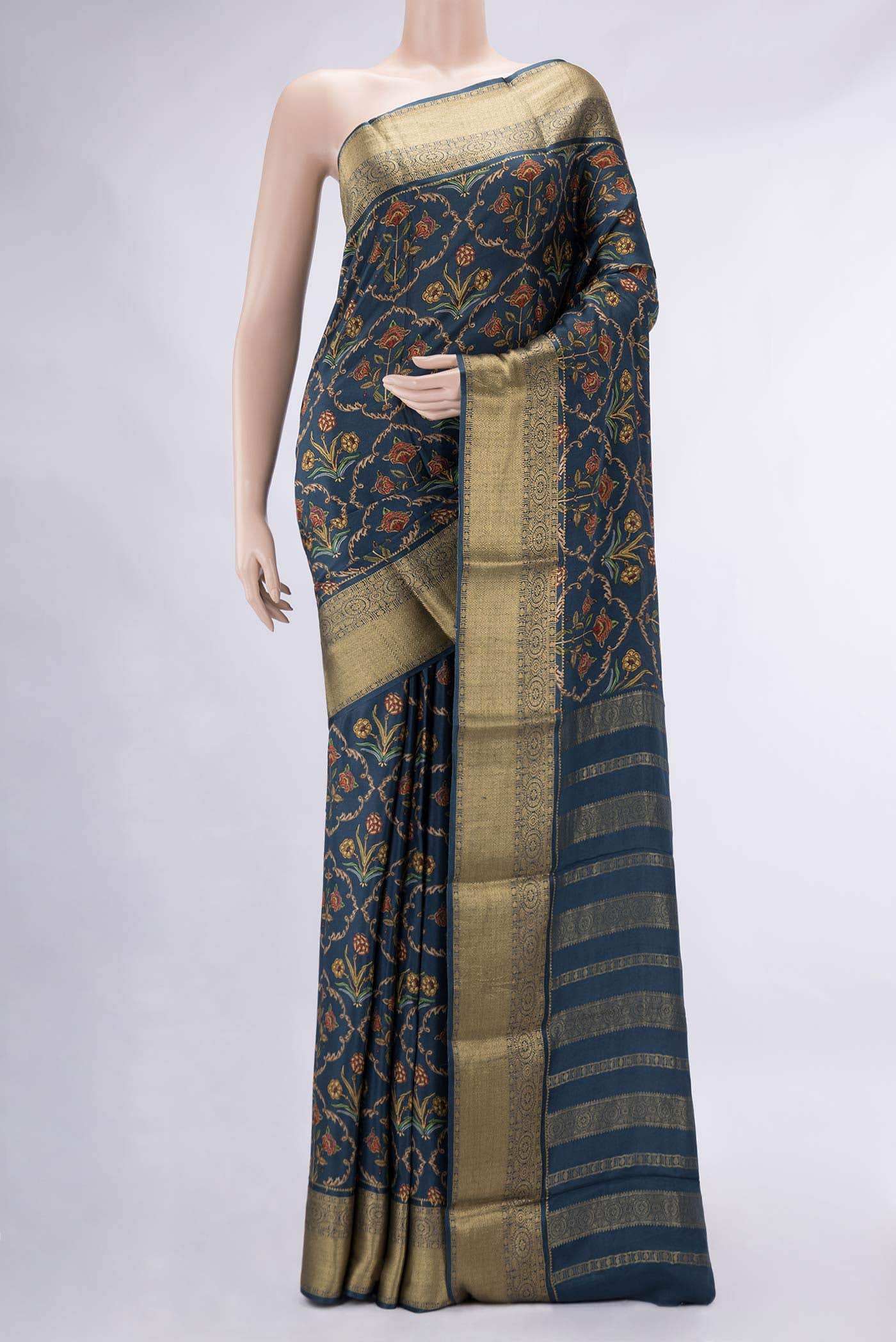 Blue Grey Mysore Crepe Saree