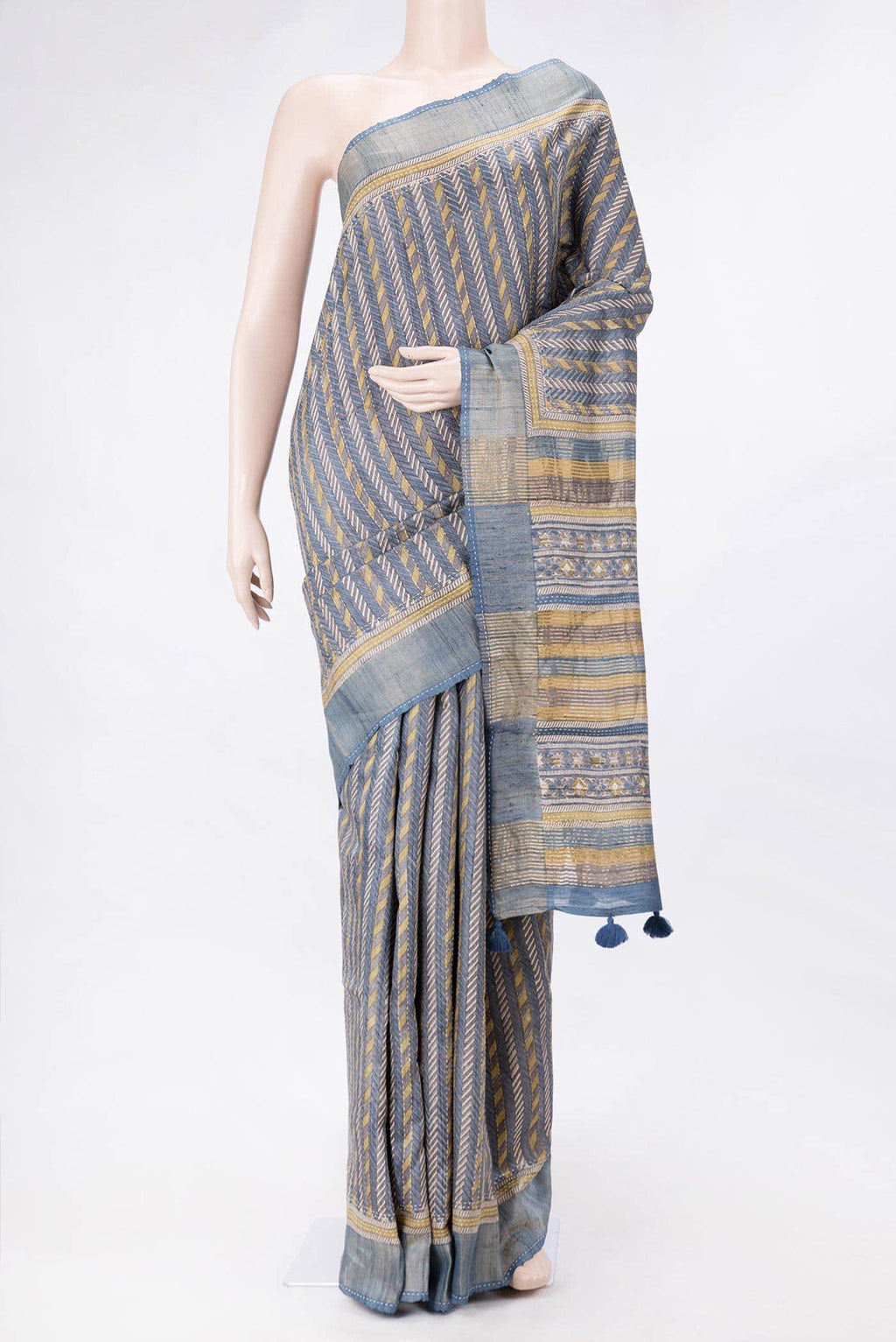 Blue Grey Dual Tone Tussar Silk Saree