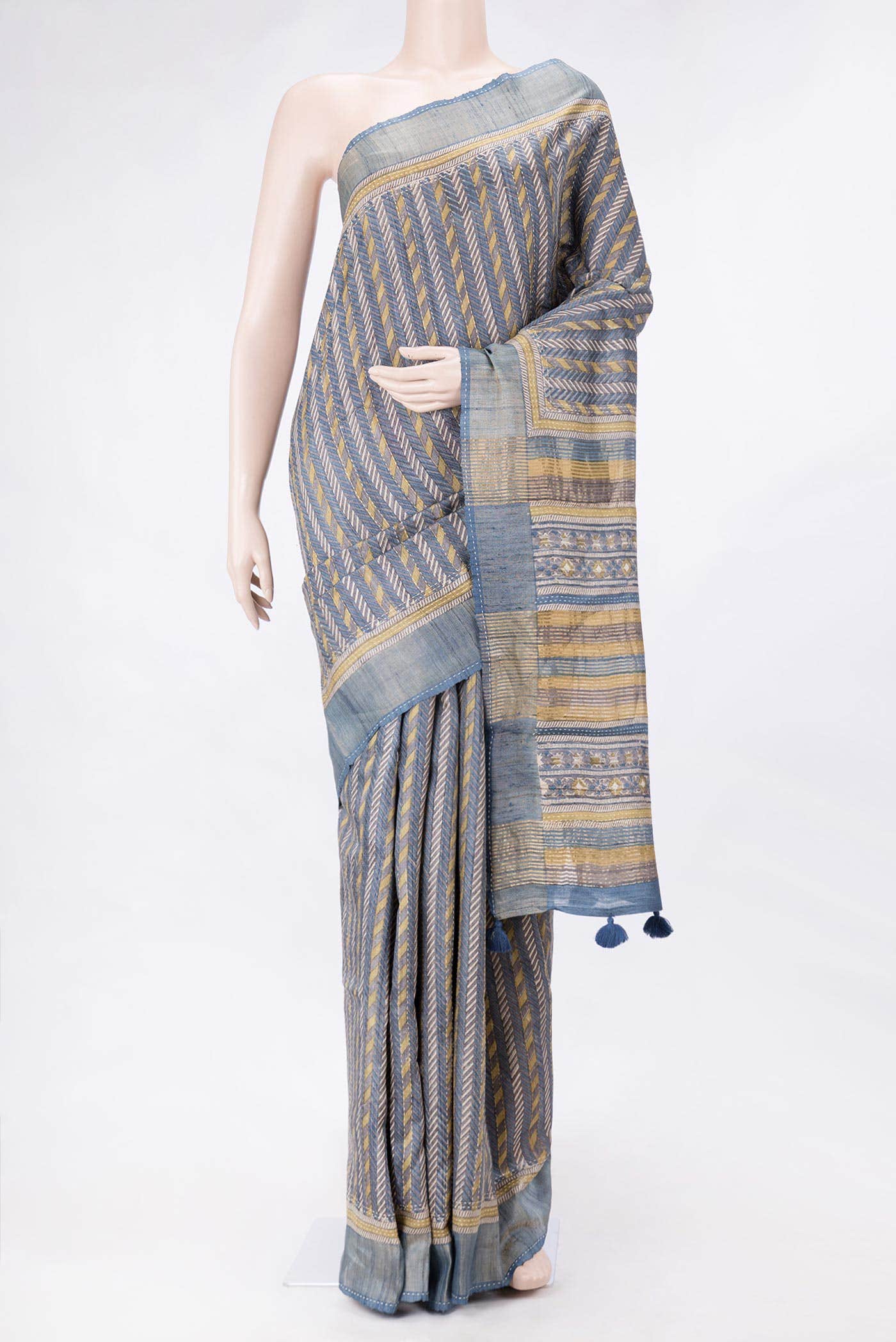 Blue Grey Dual Tone Tussar Silk Saree