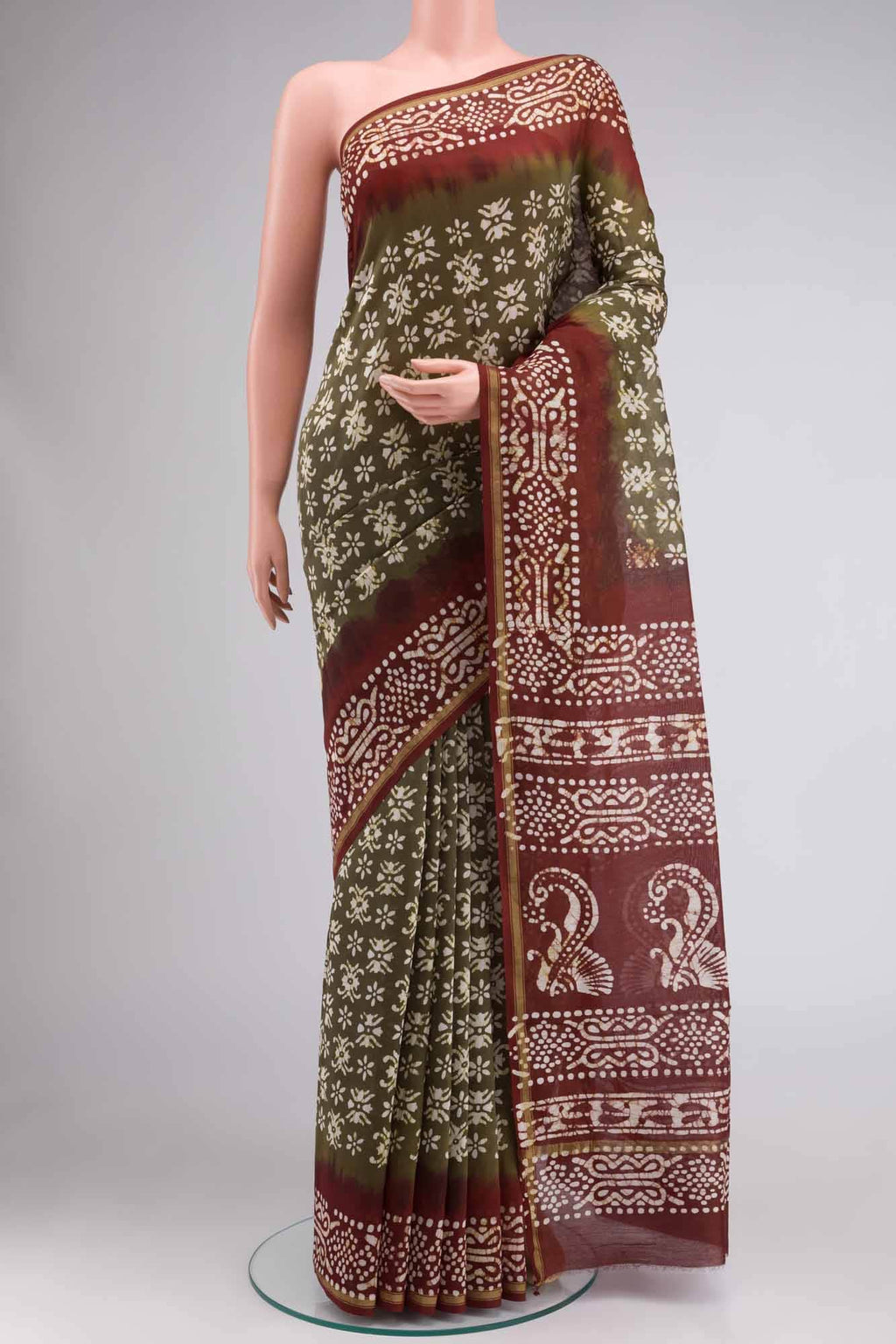 Olive Green Maheshwari Silk Cotton Saree
