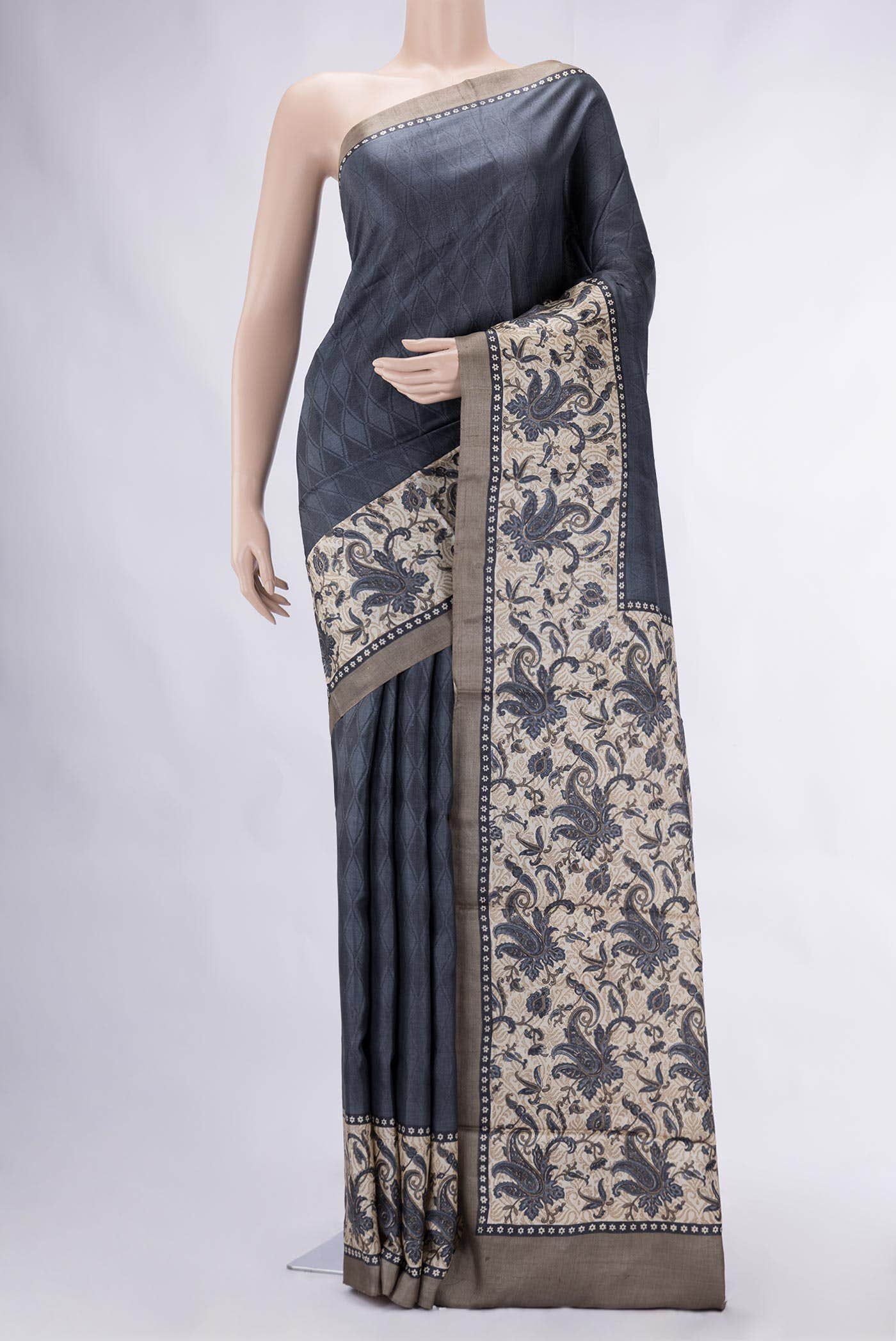 Grey Tussar Silk Saree