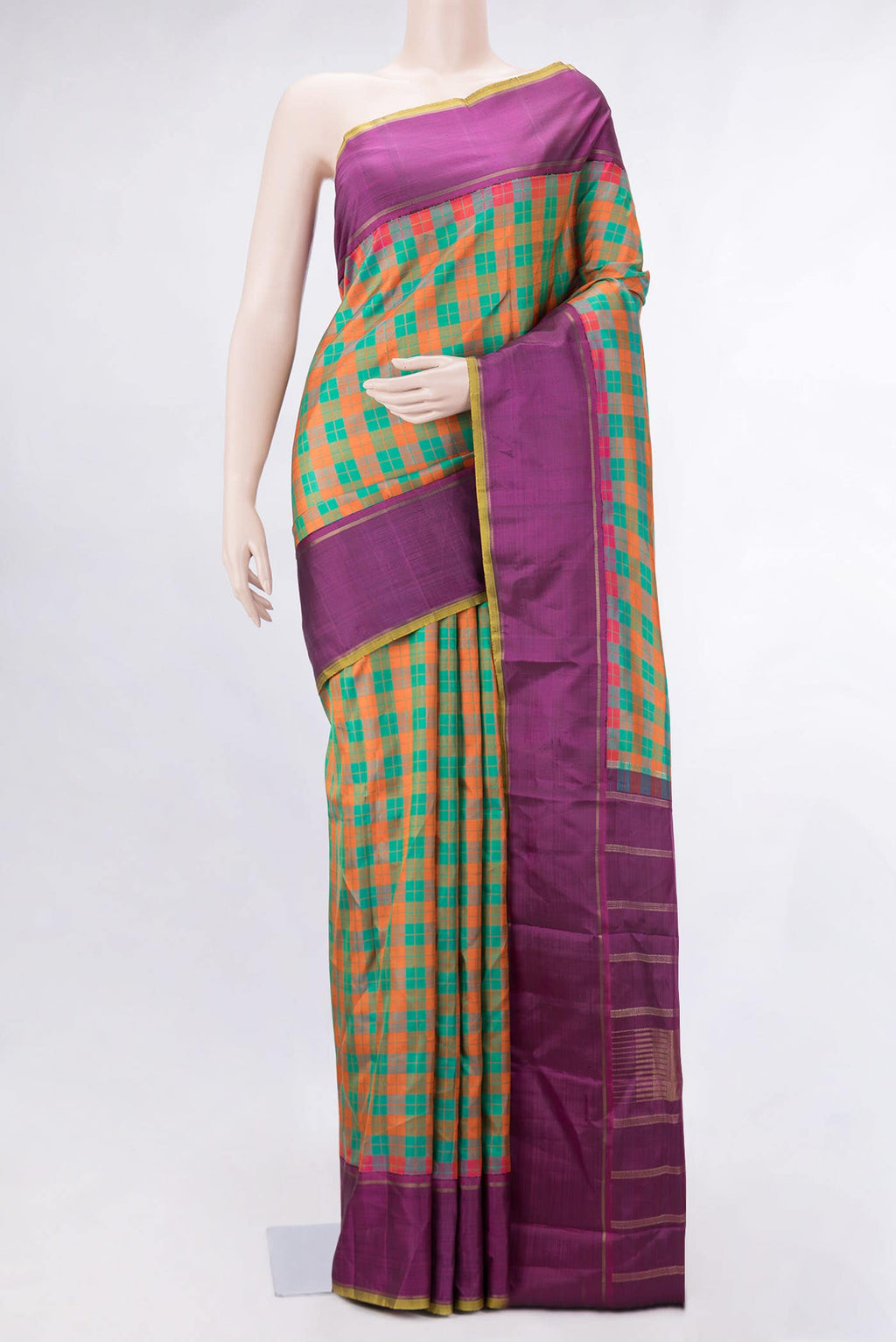 Pure Silk Pure Zari Green and Orange Dual Tone Kanchipuram Saree
