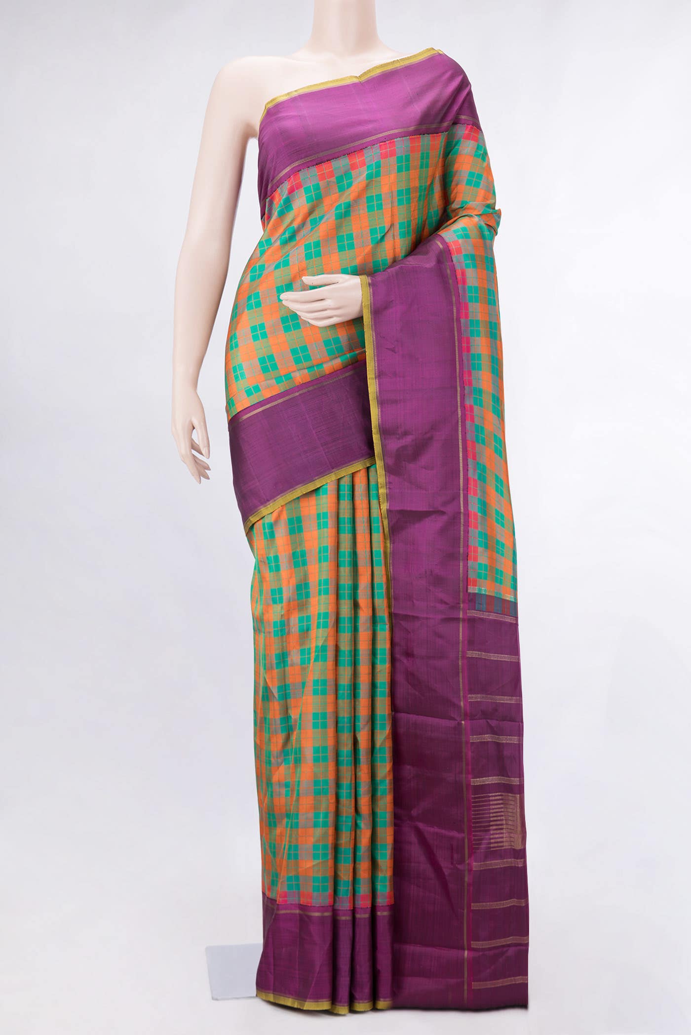 Pure Silk Pure Zari Green and Orange Dual Tone Kanchipuram Saree