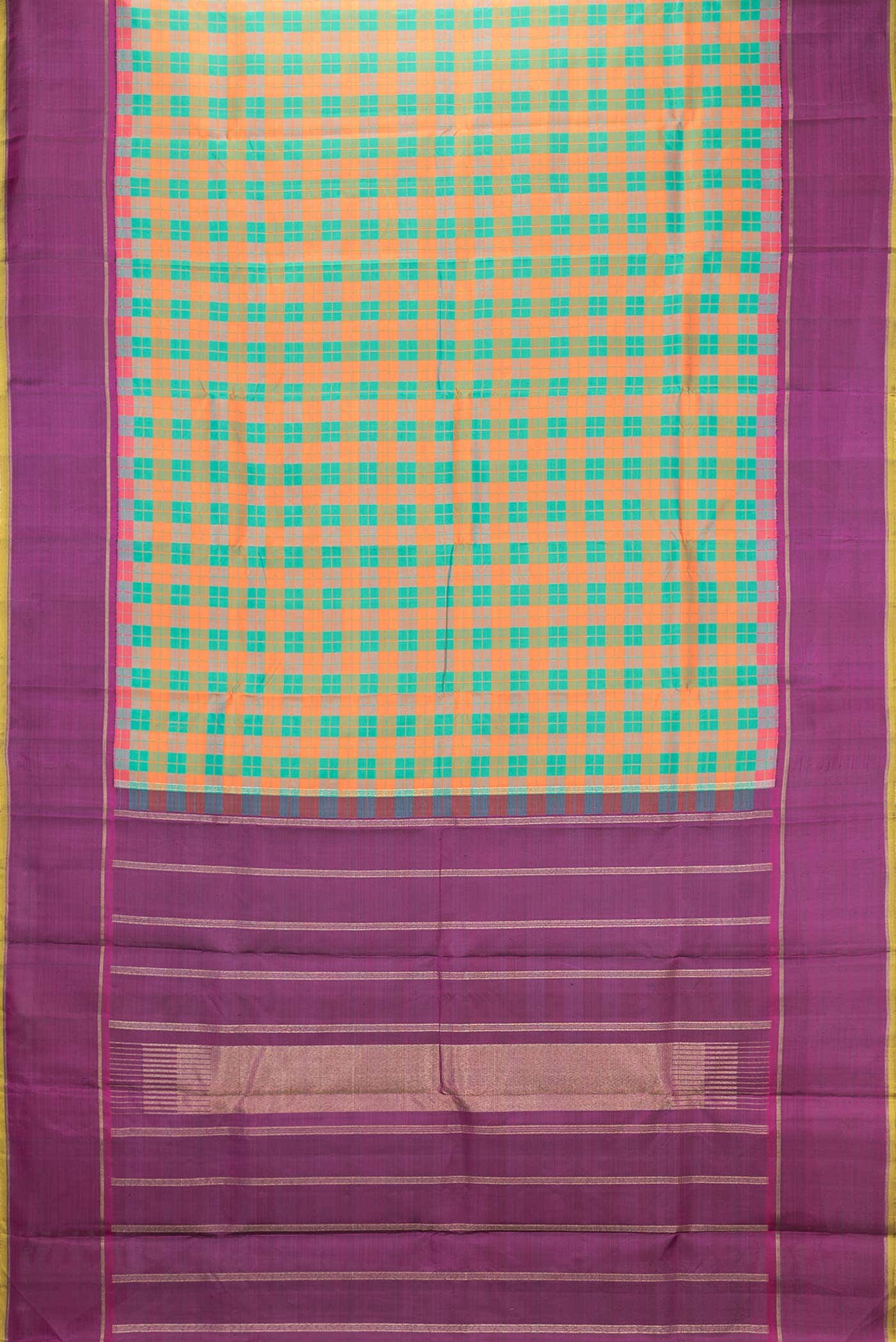 Pure Silk Pure Zari Green and Orange Dual Tone Kanchipuram Saree