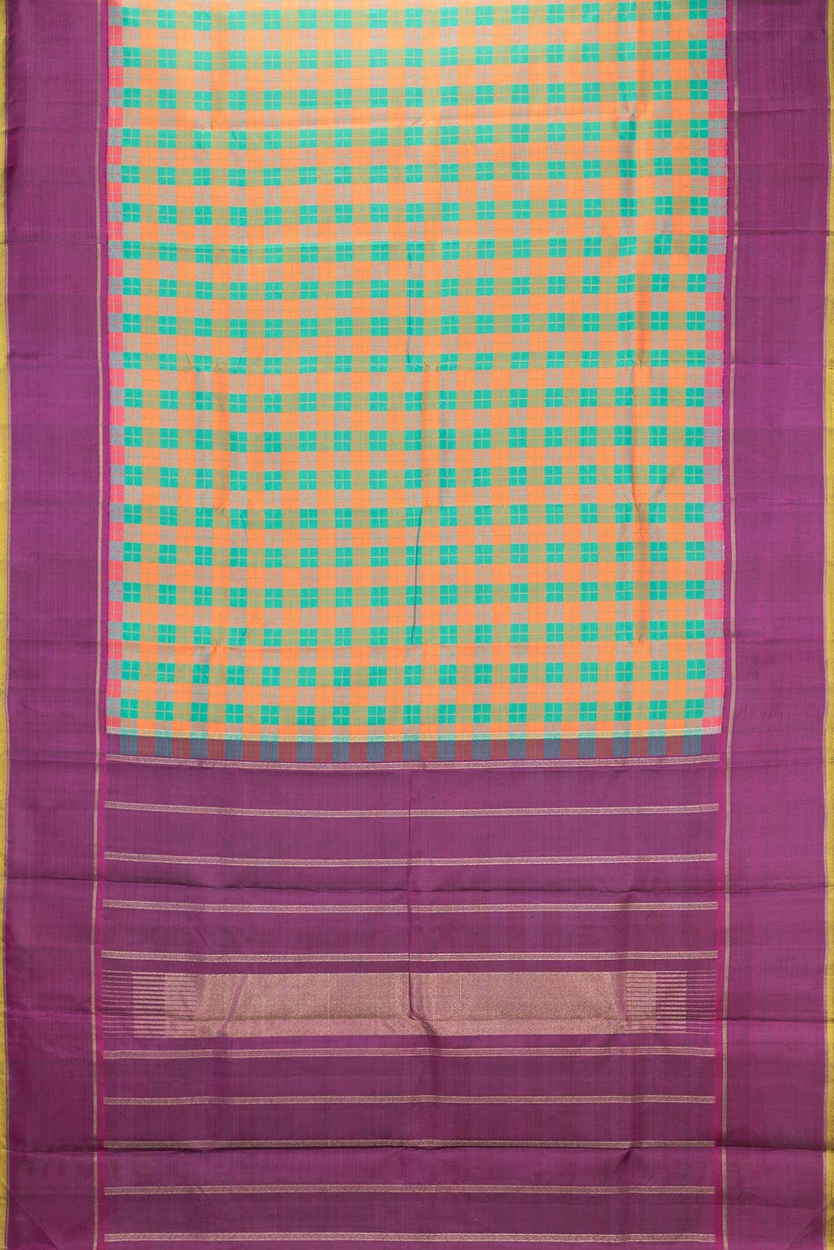 Pure Silk Pure Zari Green and Orange Dual Tone Kanchipuram Saree