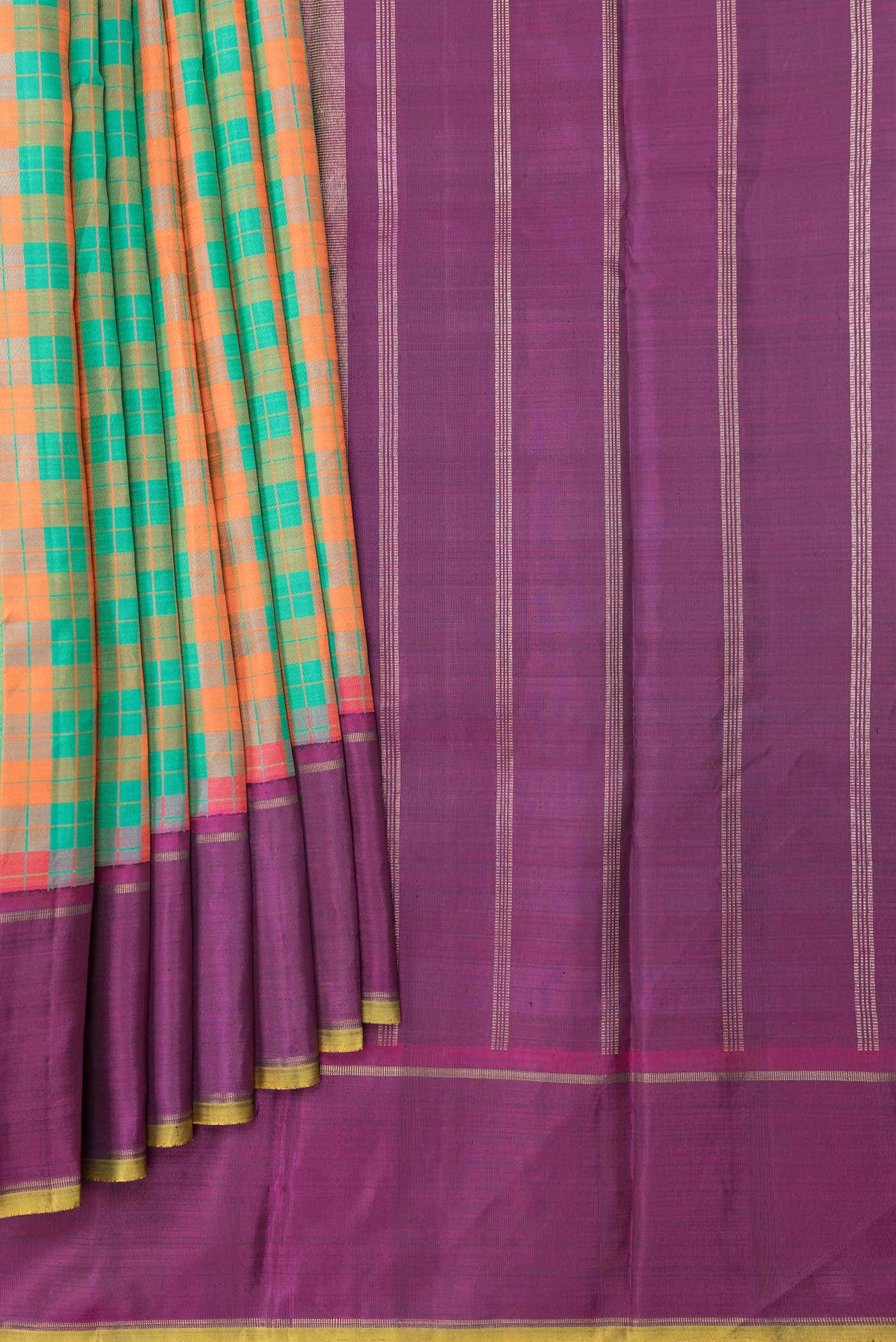 Pure Silk Pure Zari Green and Orange Dual Tone Kanchipuram Saree