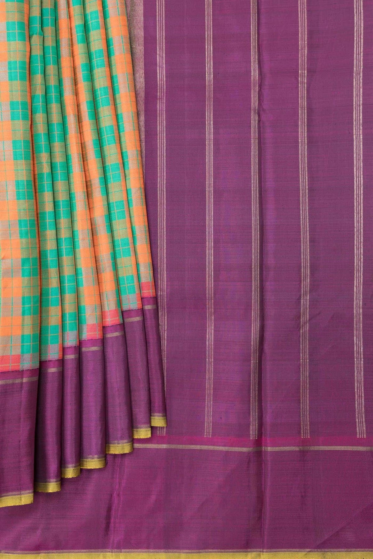 Pure Silk Pure Zari Green and Orange Dual Tone Kanchipuram Saree